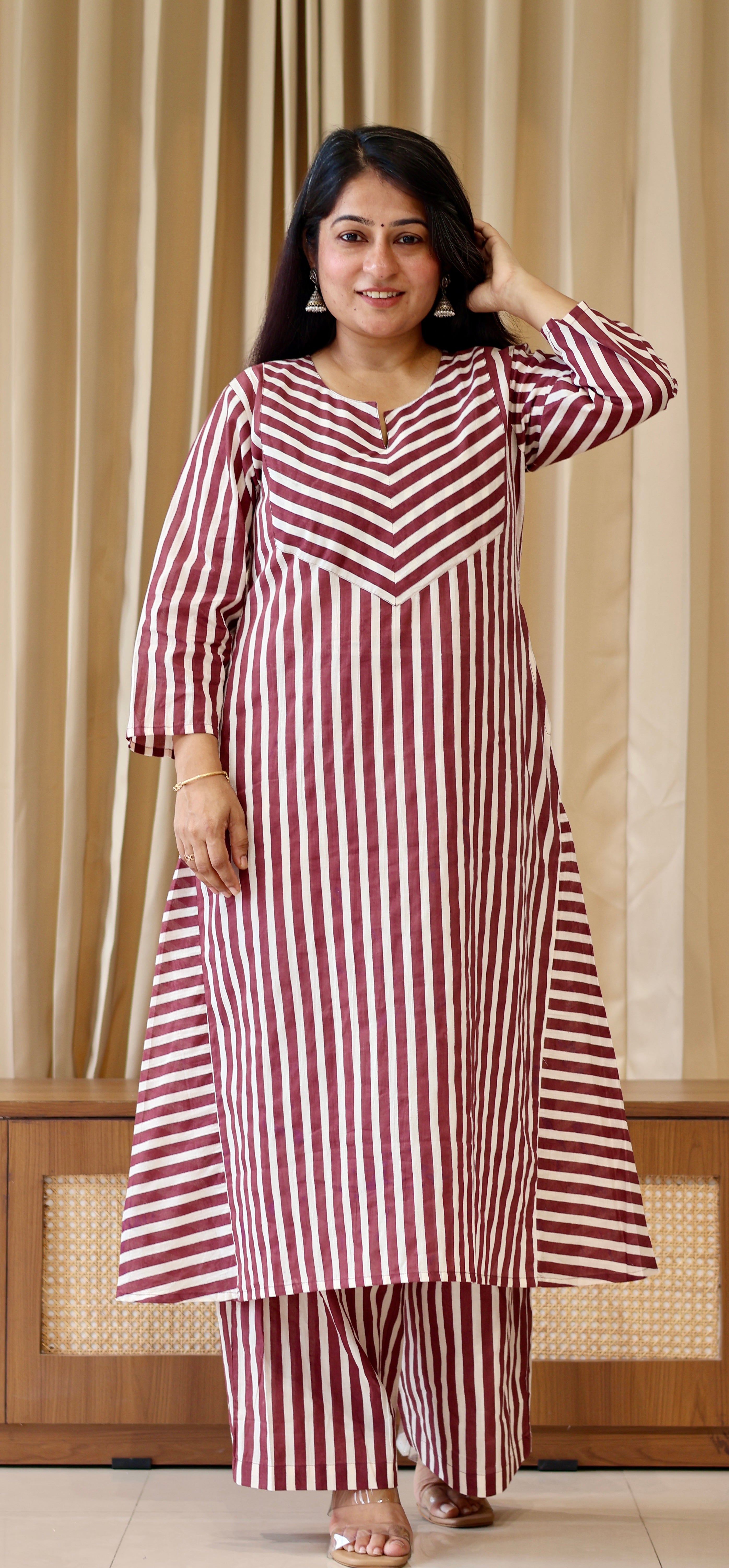Brown/Ivory Stripes Cotton Kurta Set