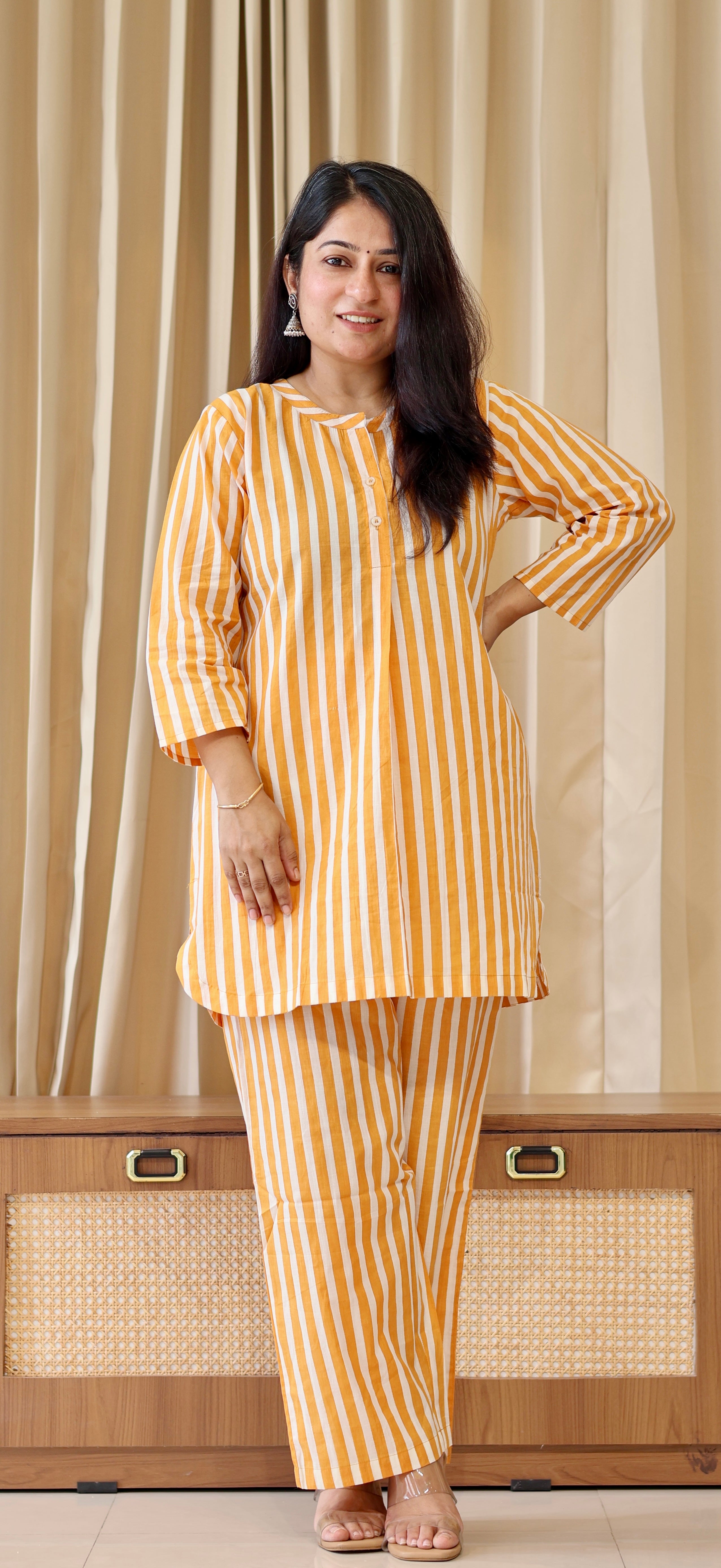 Mustard Yellow/Ivory Stripes Cotton Kurta Set