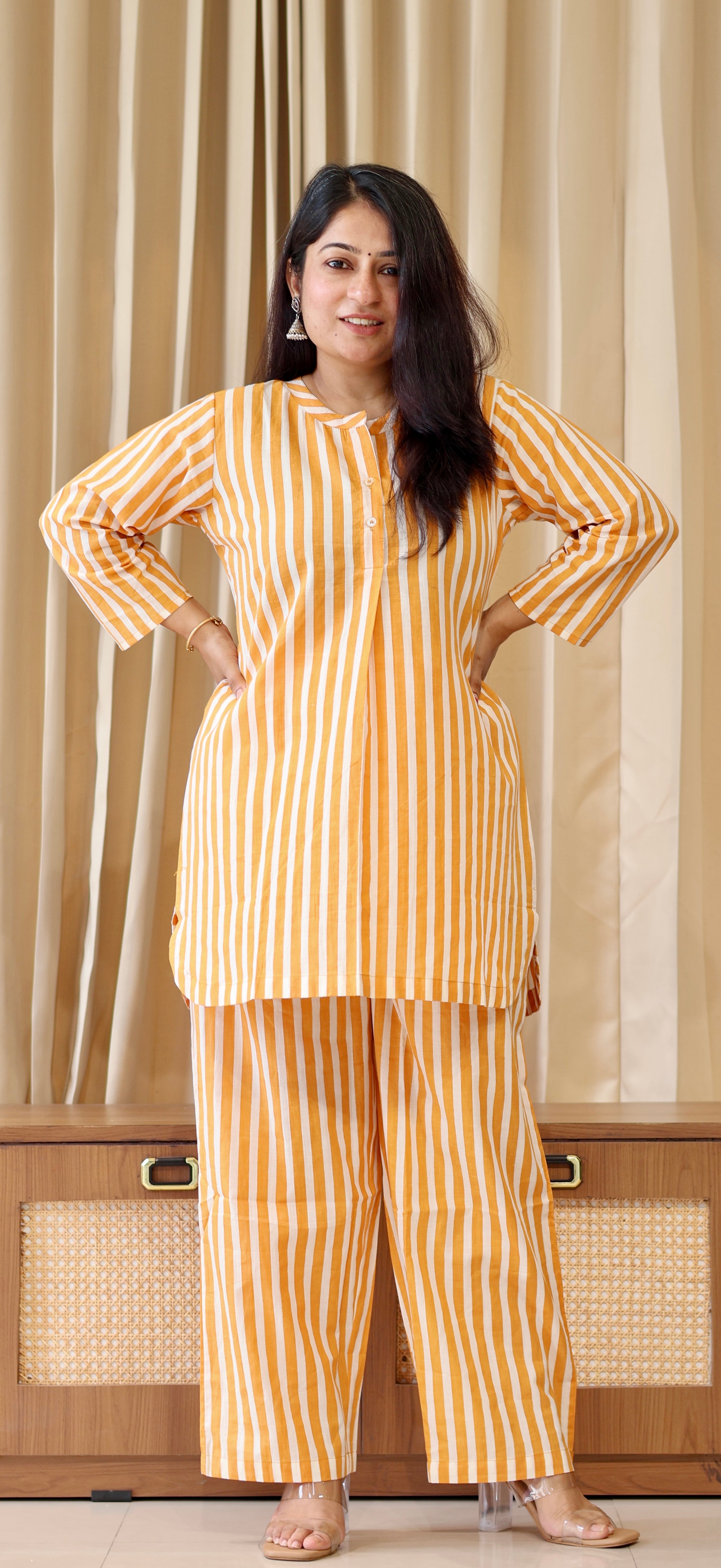 Mustard Yellow/Ivory Stripes Cotton Kurta Set