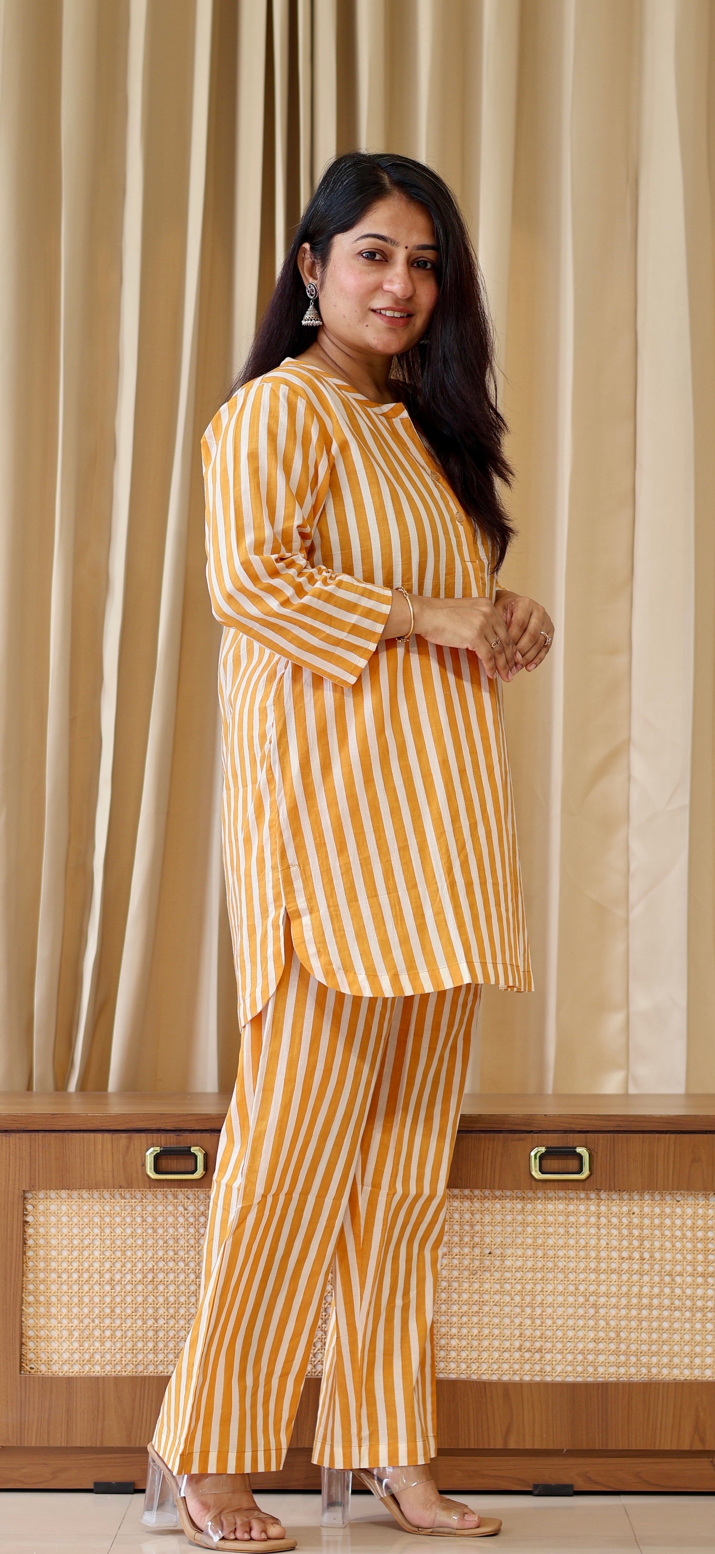 Mustard Yellow/Ivory Stripes Cotton Kurta Set