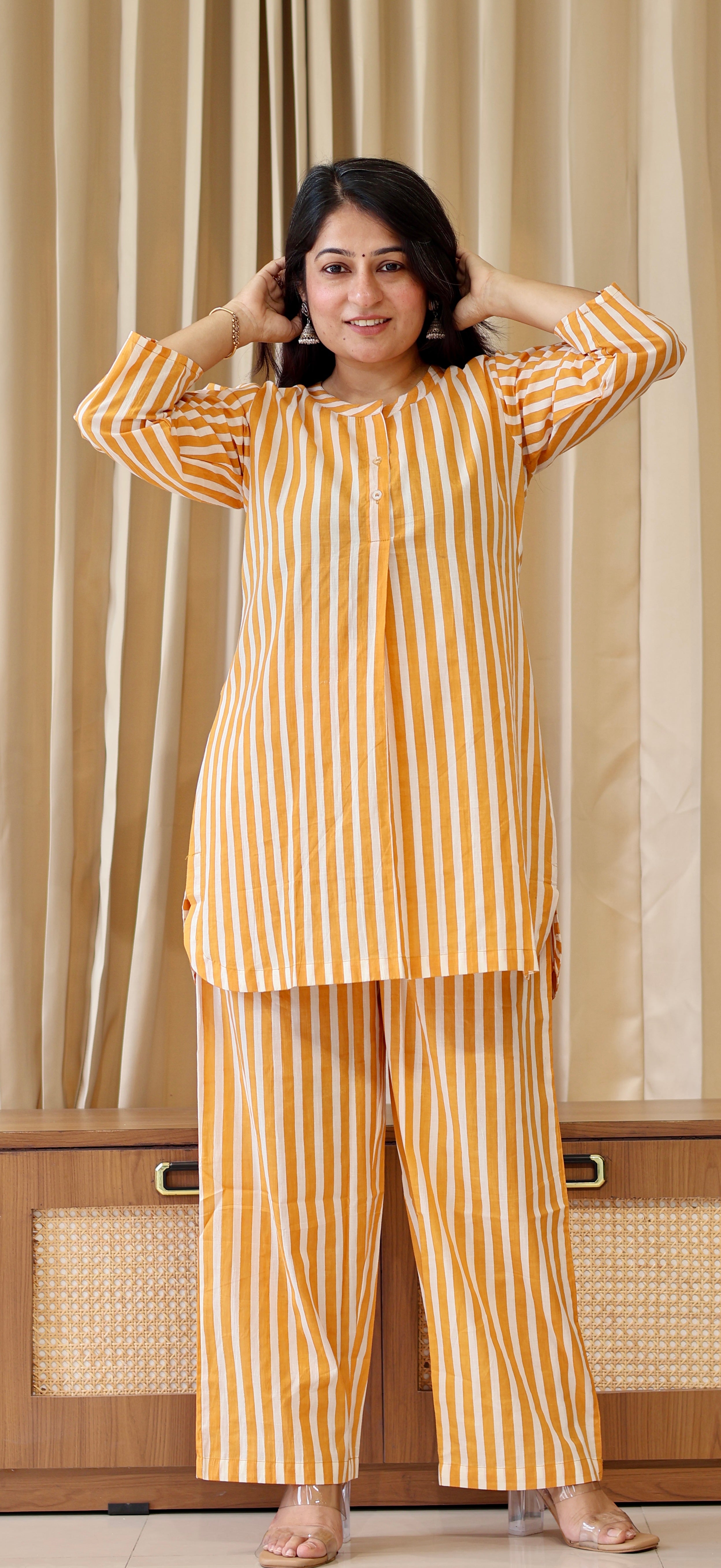 Mustard Yellow/Ivory Stripes Cotton Kurta Set