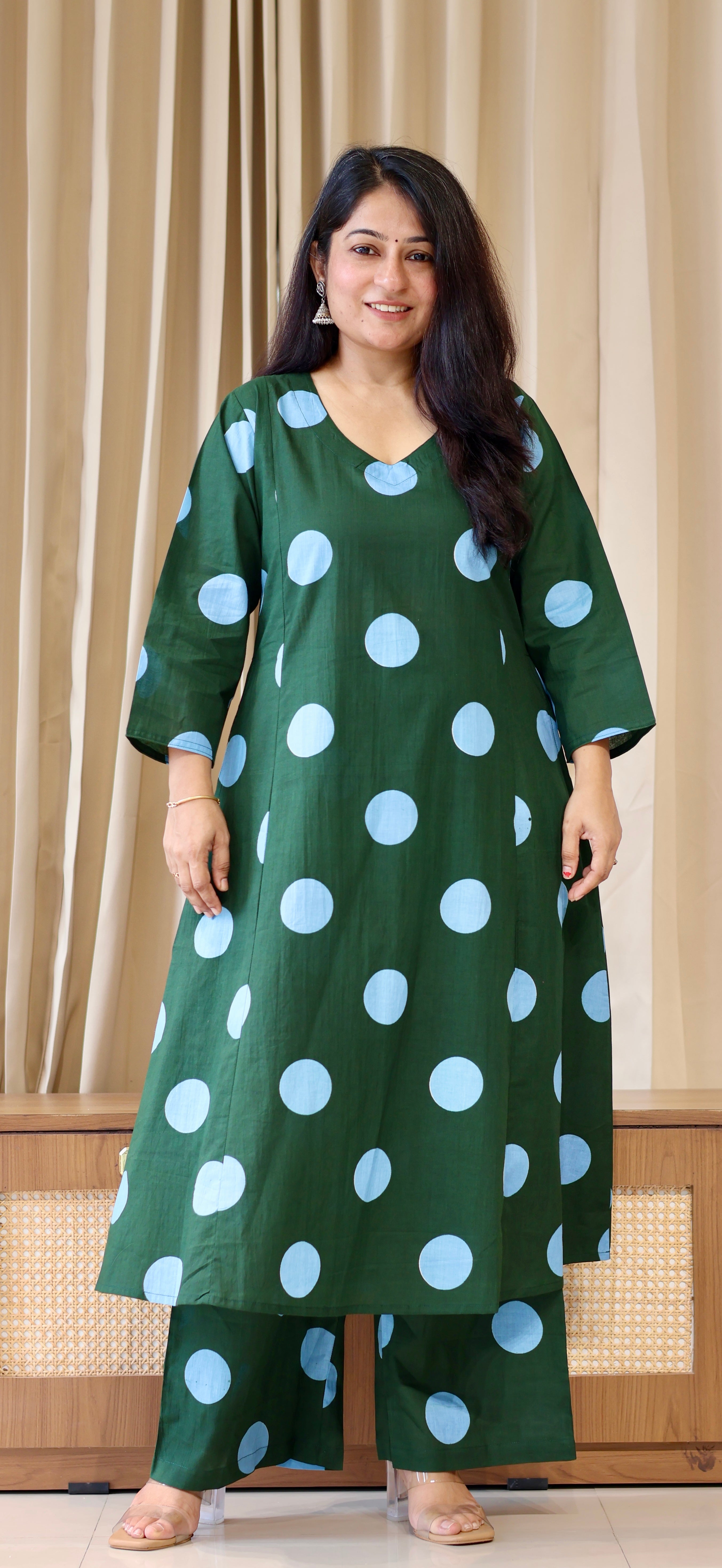 Dark Green-Blue Polka Dots Cotton Kurta Set