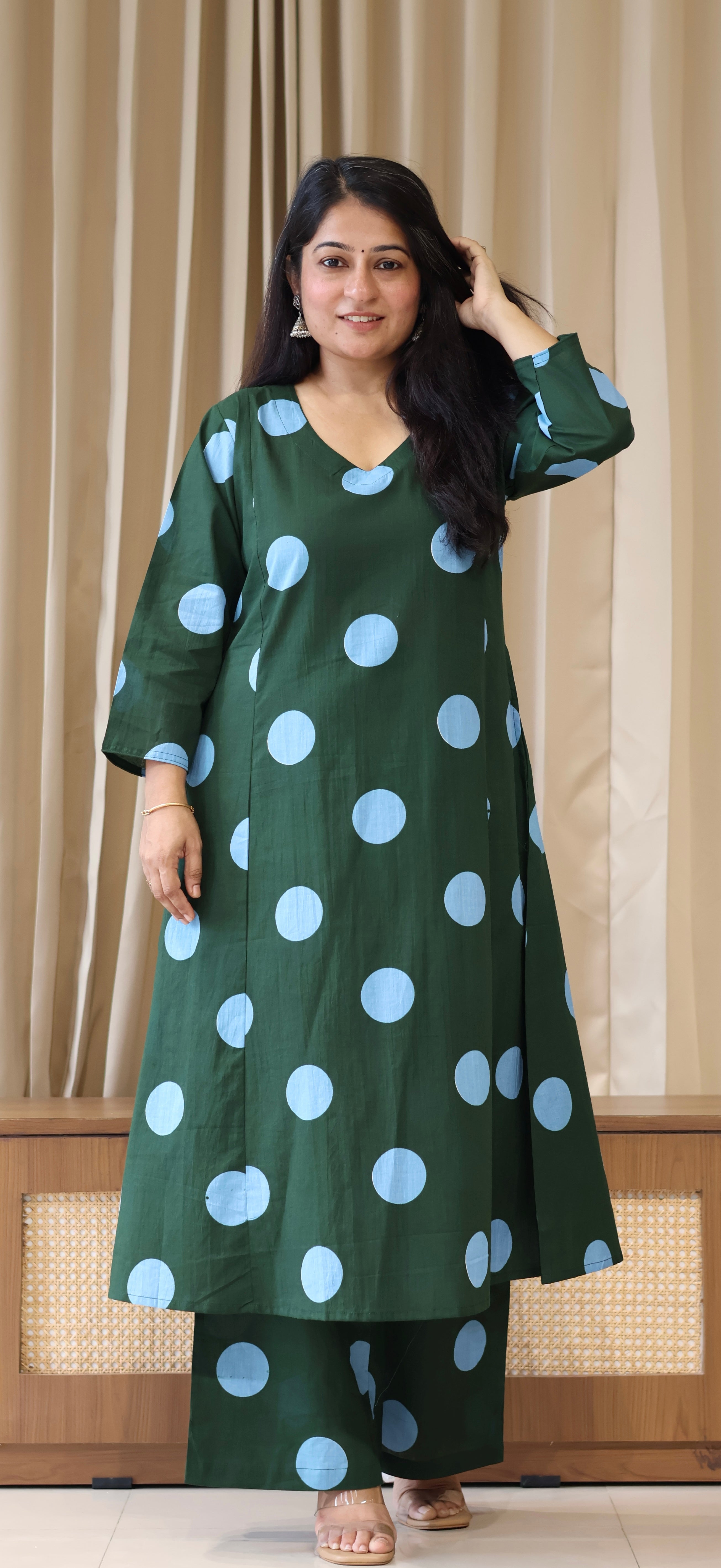 Dark Green-Blue Polka Dots Cotton Kurta Set