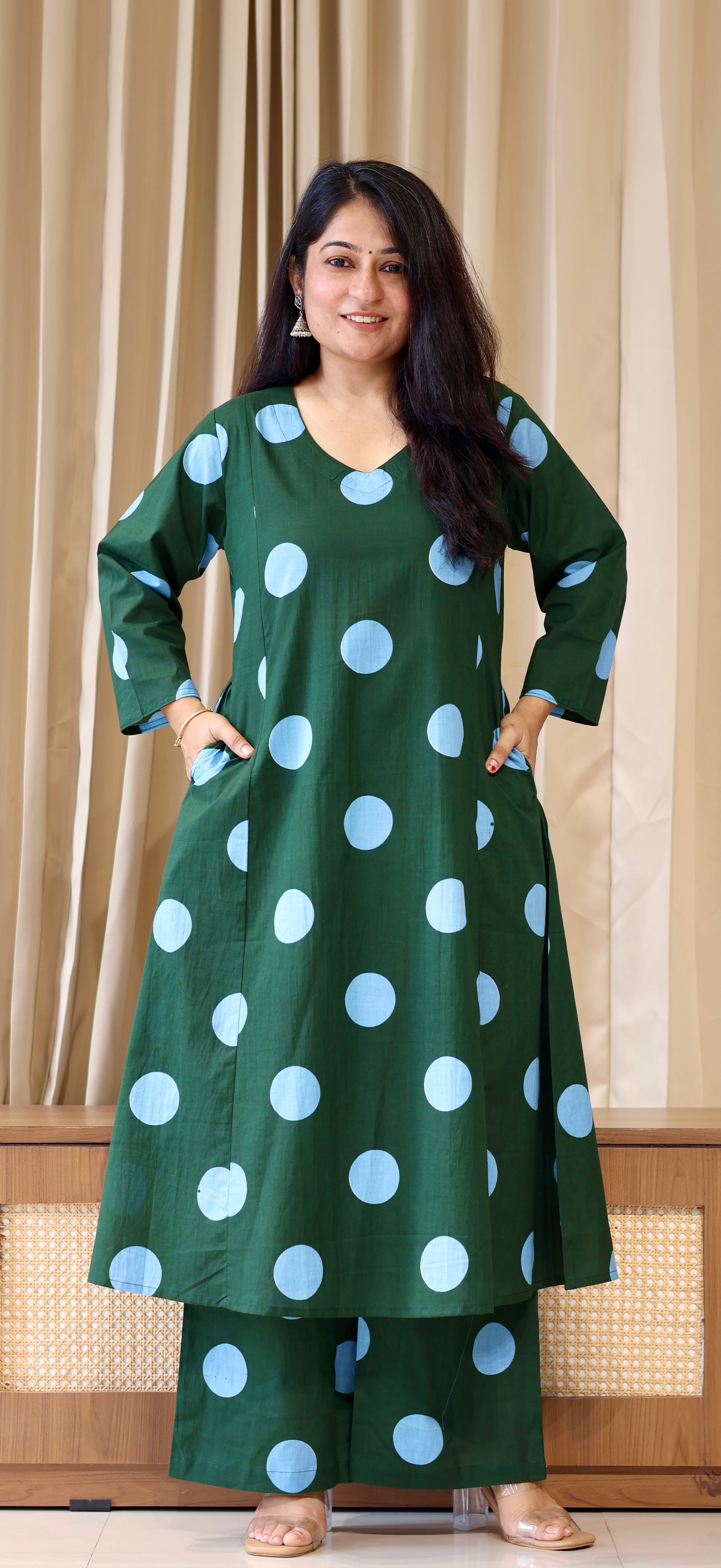 Dark Green-Blue Polka Dots Cotton Kurta Set