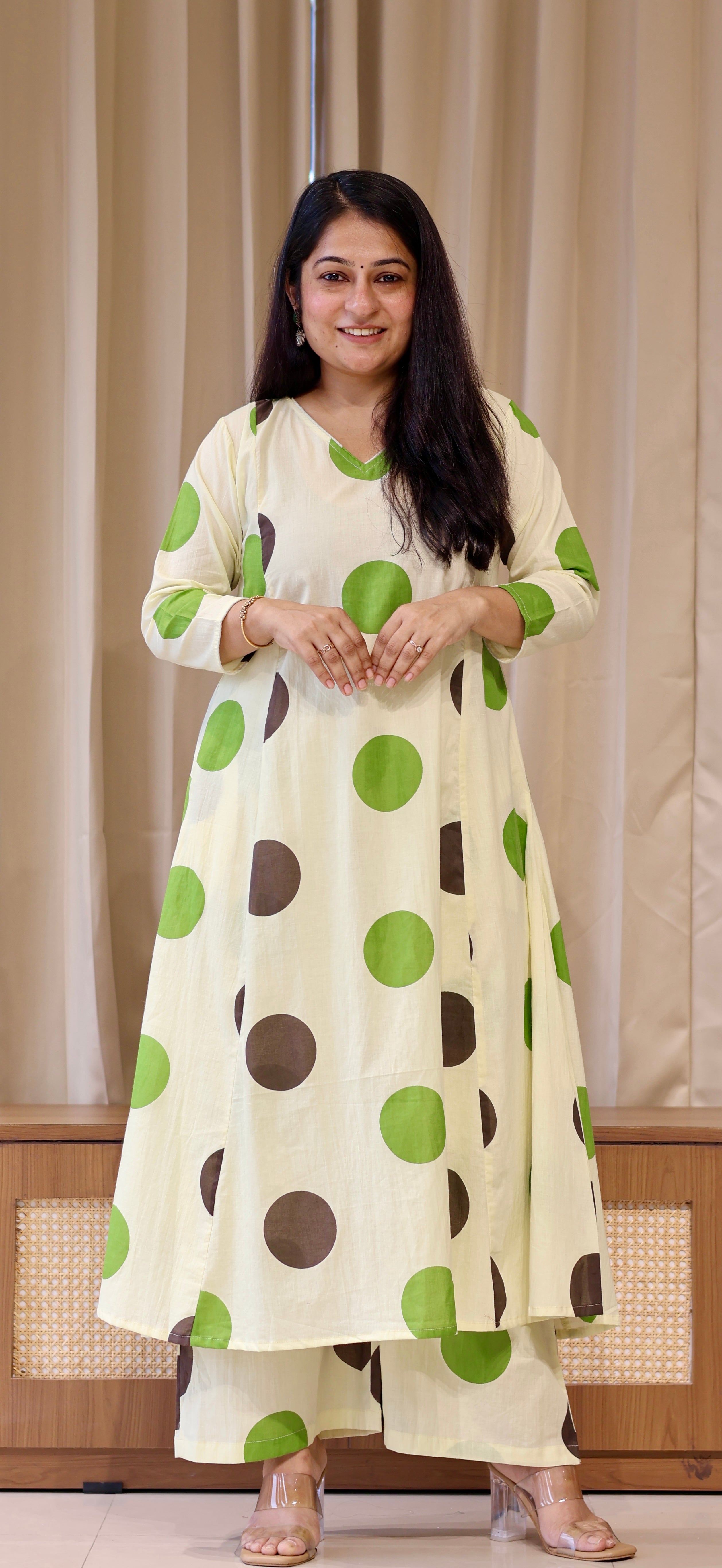 Brown-Green Polka Dots Cotton Kurta Set