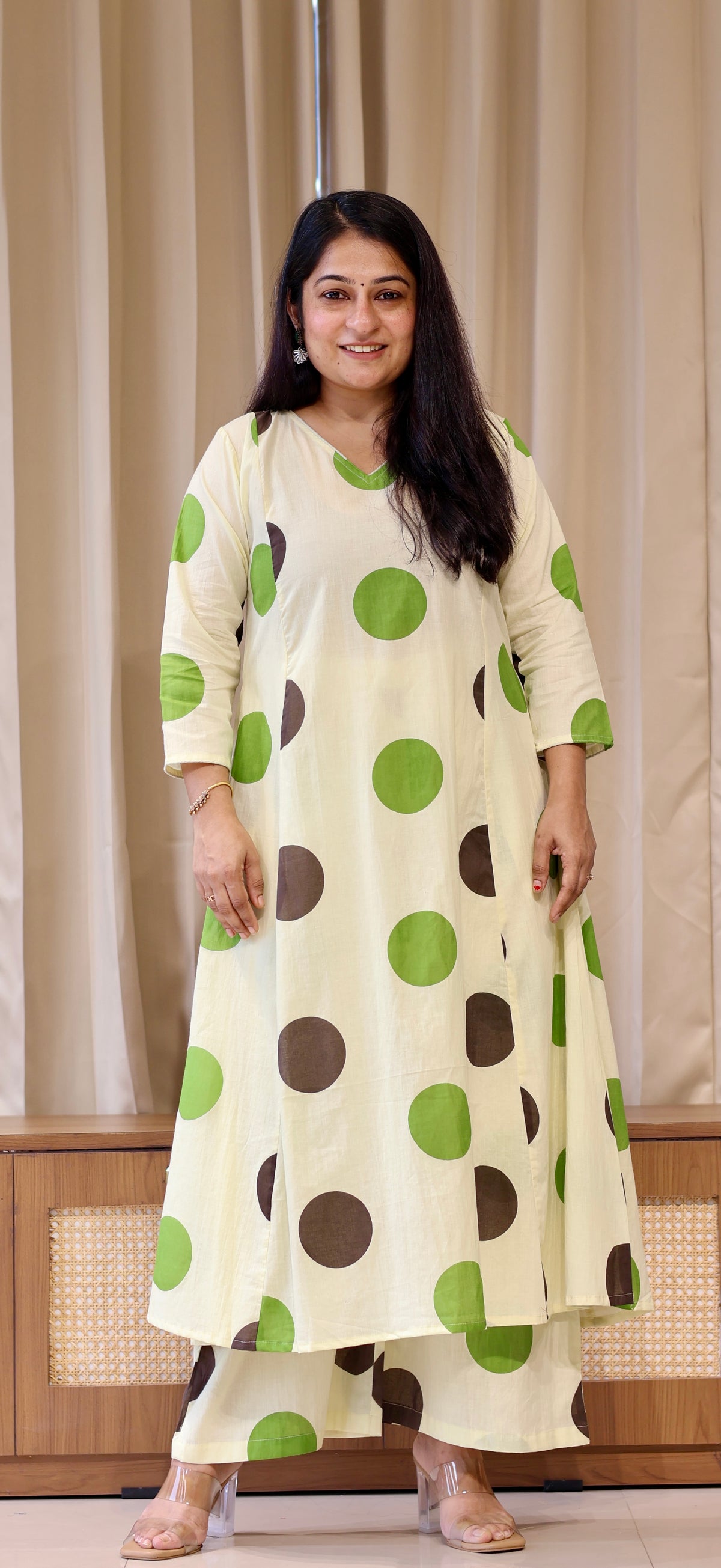 Brown-Green Polka Dots Cotton Kurta Set