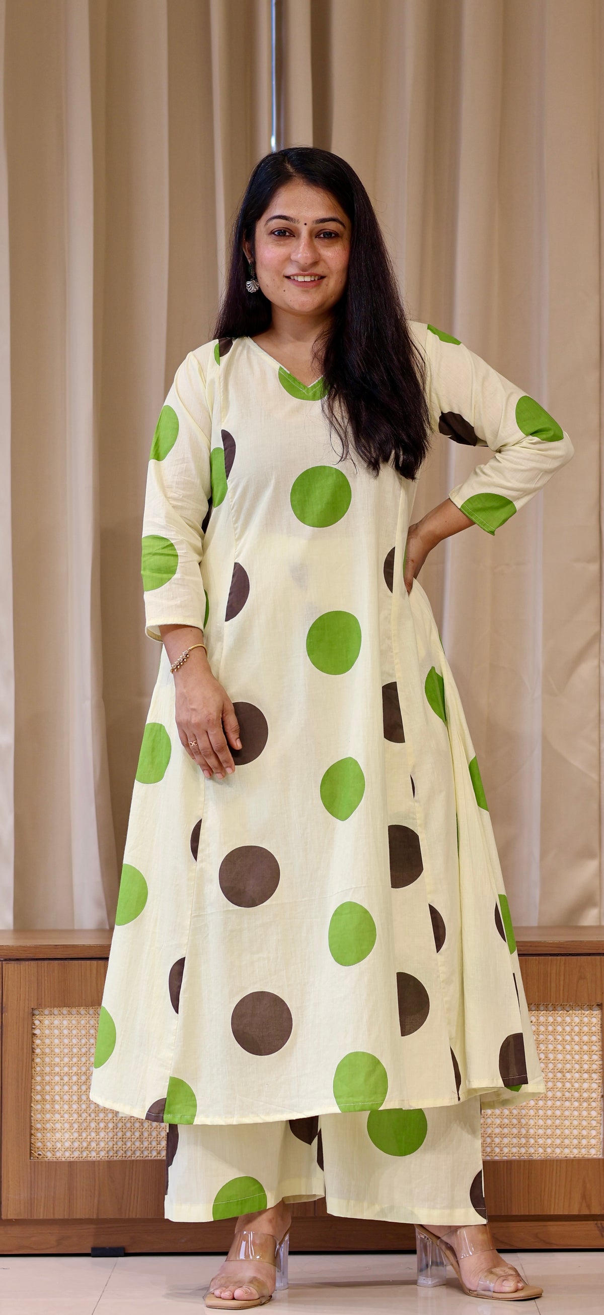Brown-Green Polka Dots Cotton Kurta Set