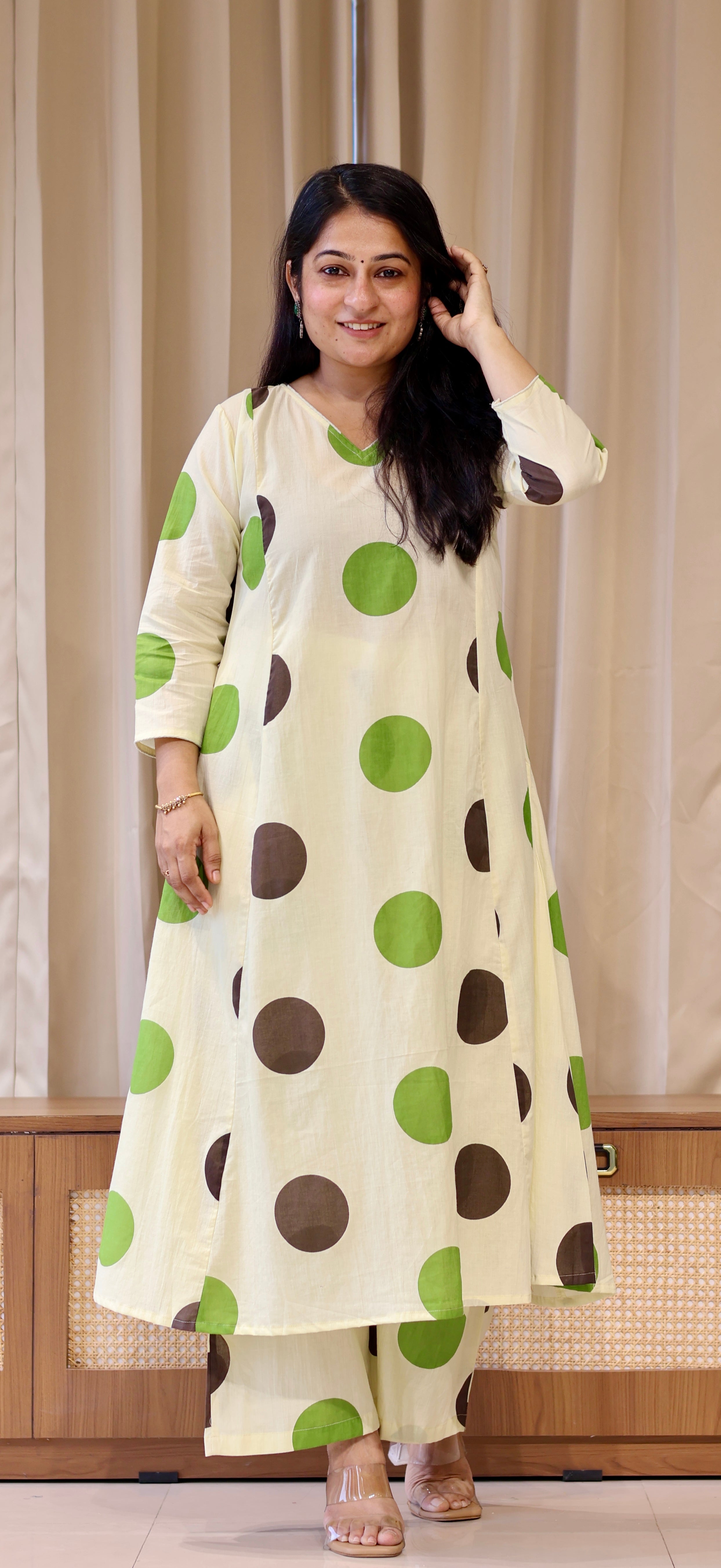 Brown-Green Polka Dots Cotton Kurta Set