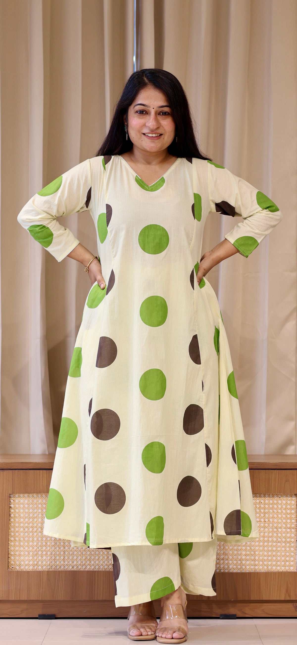 Brown-Green Polka Dots Cotton Kurta Set