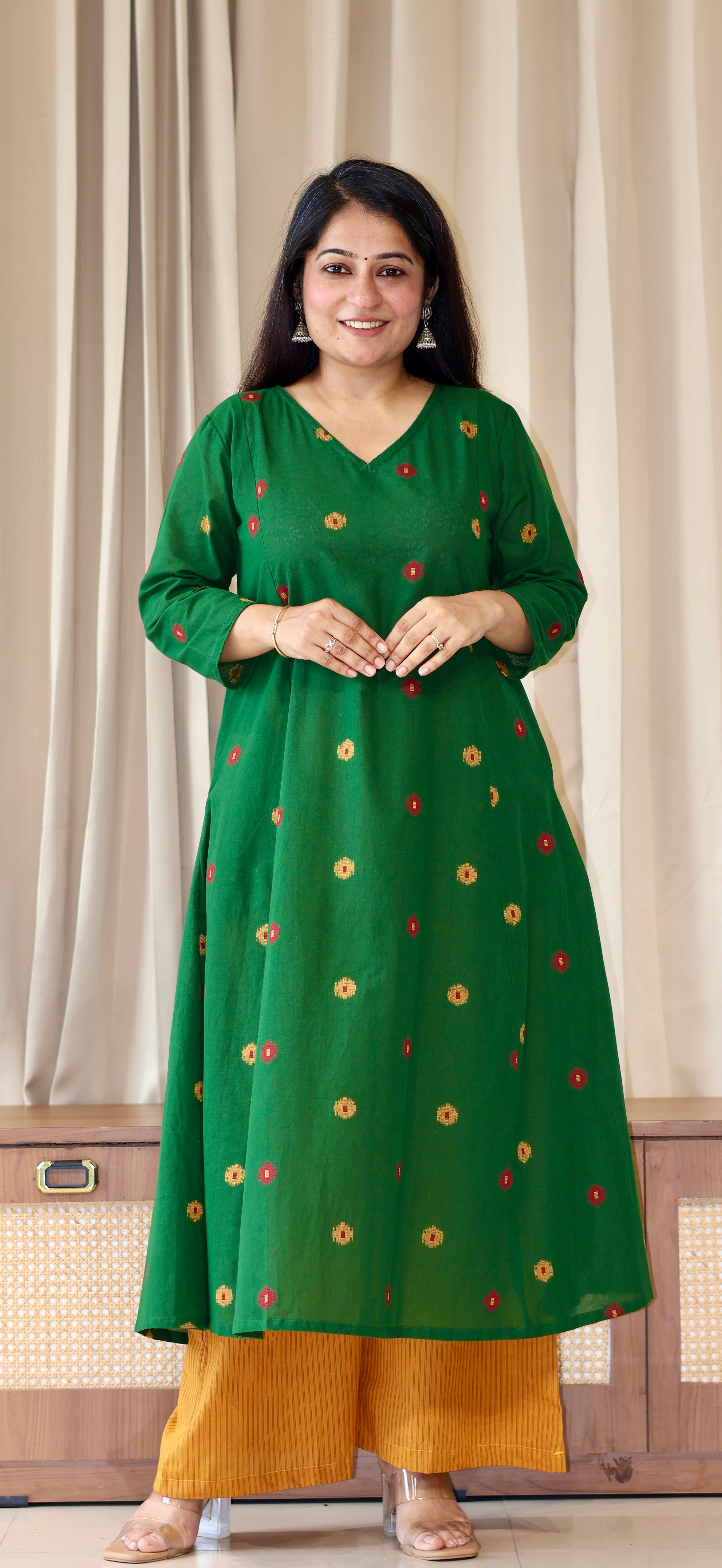 Shriya Handwoven Cotton Kurta- Green/Yellow