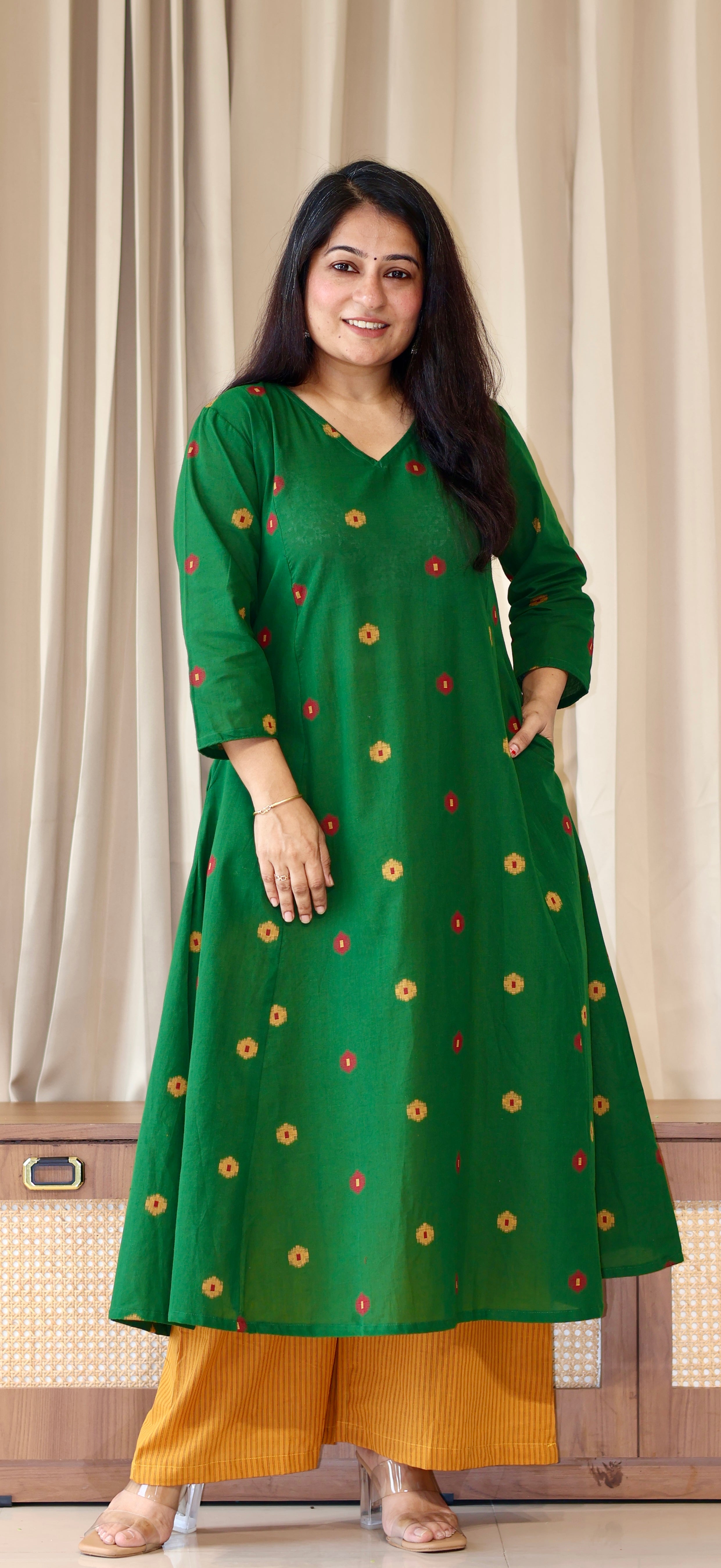 Shriya Handwoven Cotton Kurta- Green/Yellow
