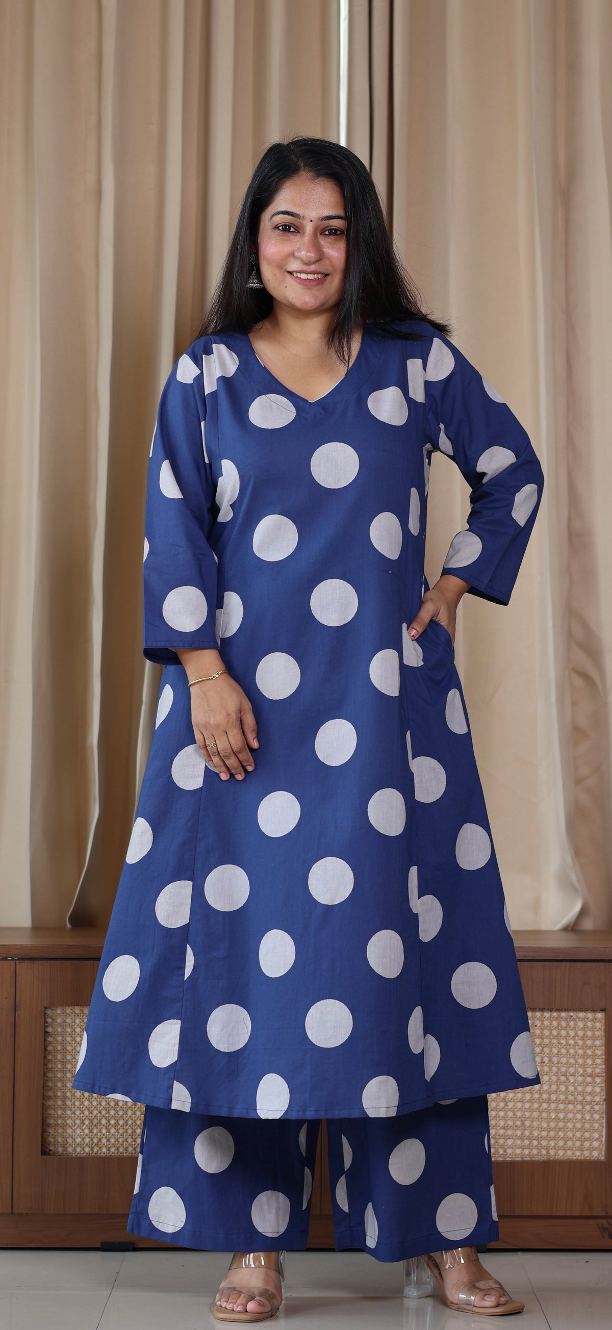 Indigo Polka Dots Cotton Kurta Set
