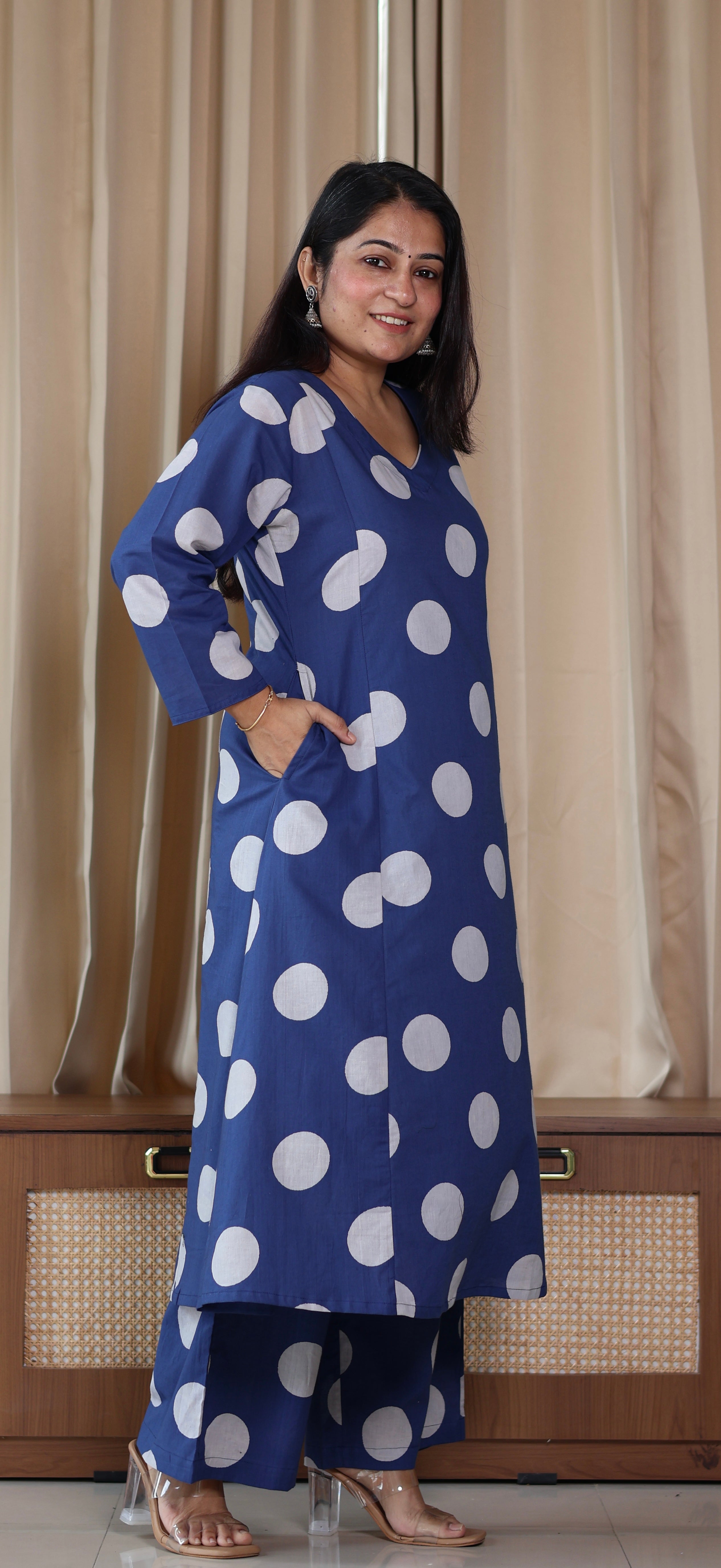 Indigo Polka Dots Cotton Kurta Set