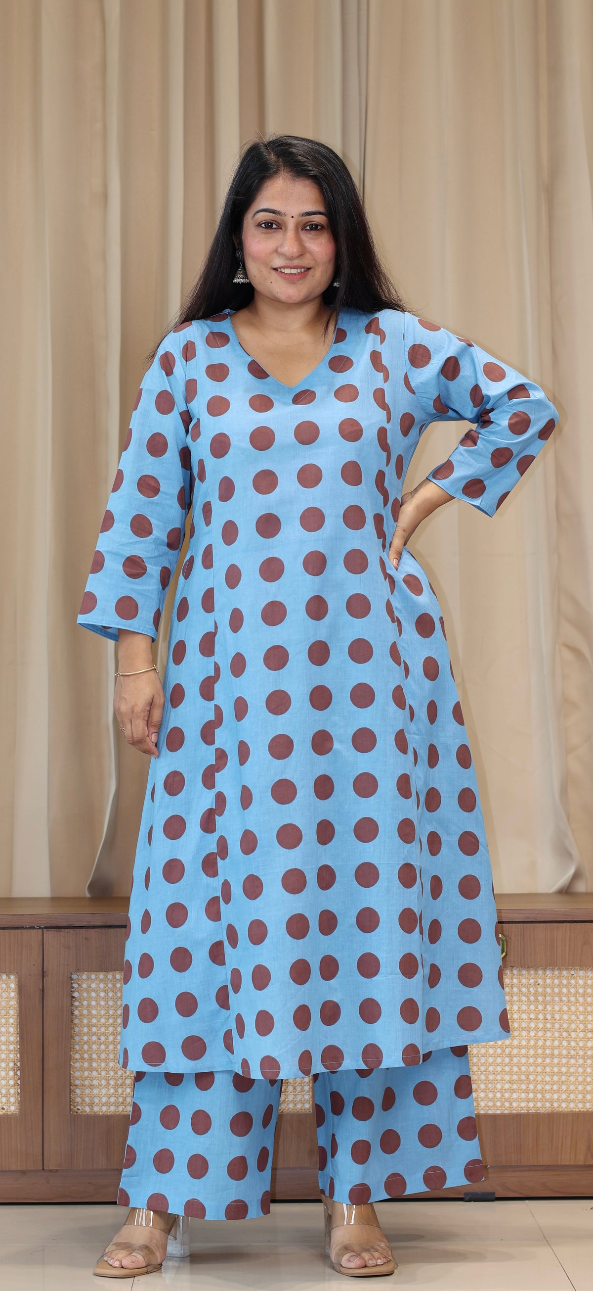 Blue/Brown Polka Dots Cotton Kurta Set