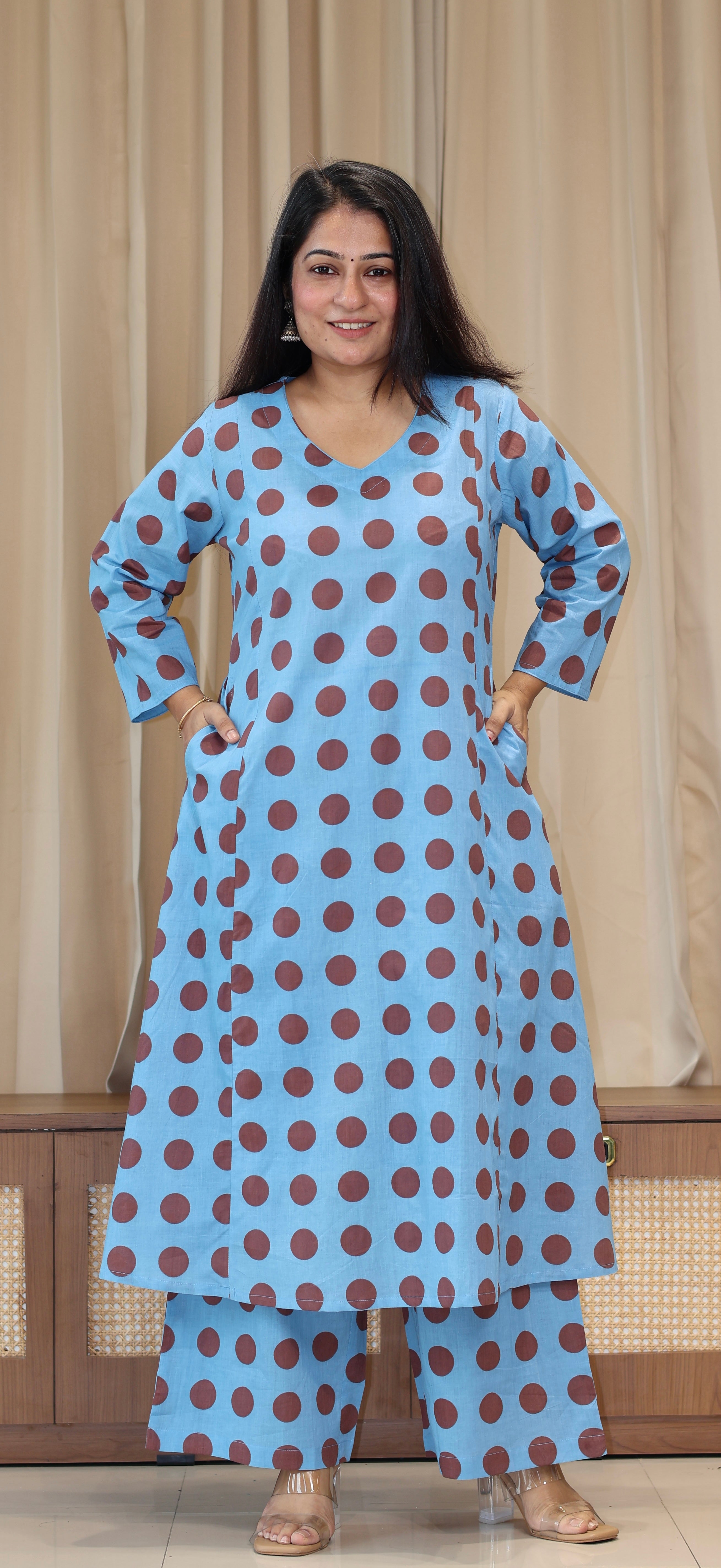 Blue/Brown Polka Dots Cotton Kurta Set