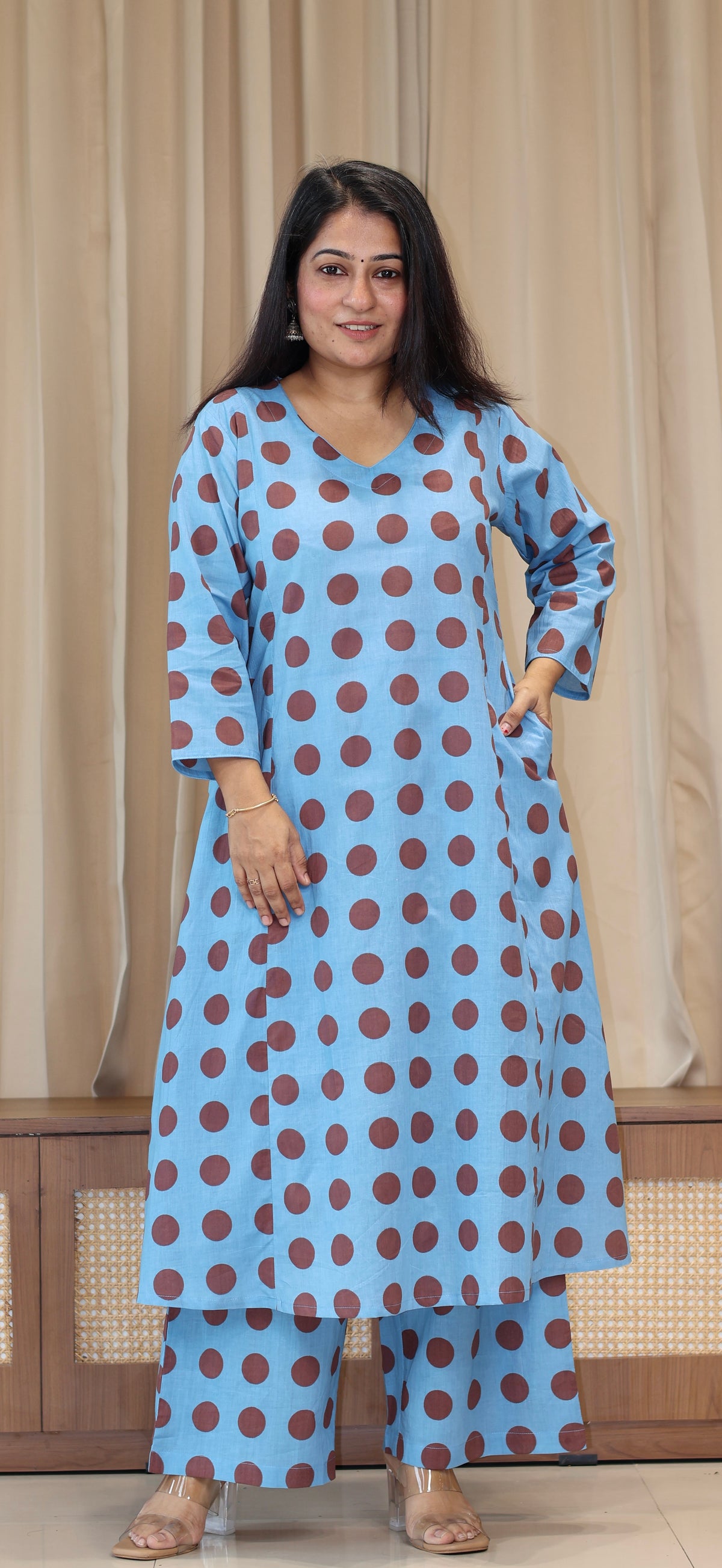 Blue/Brown Polka Dots Cotton Kurta Set