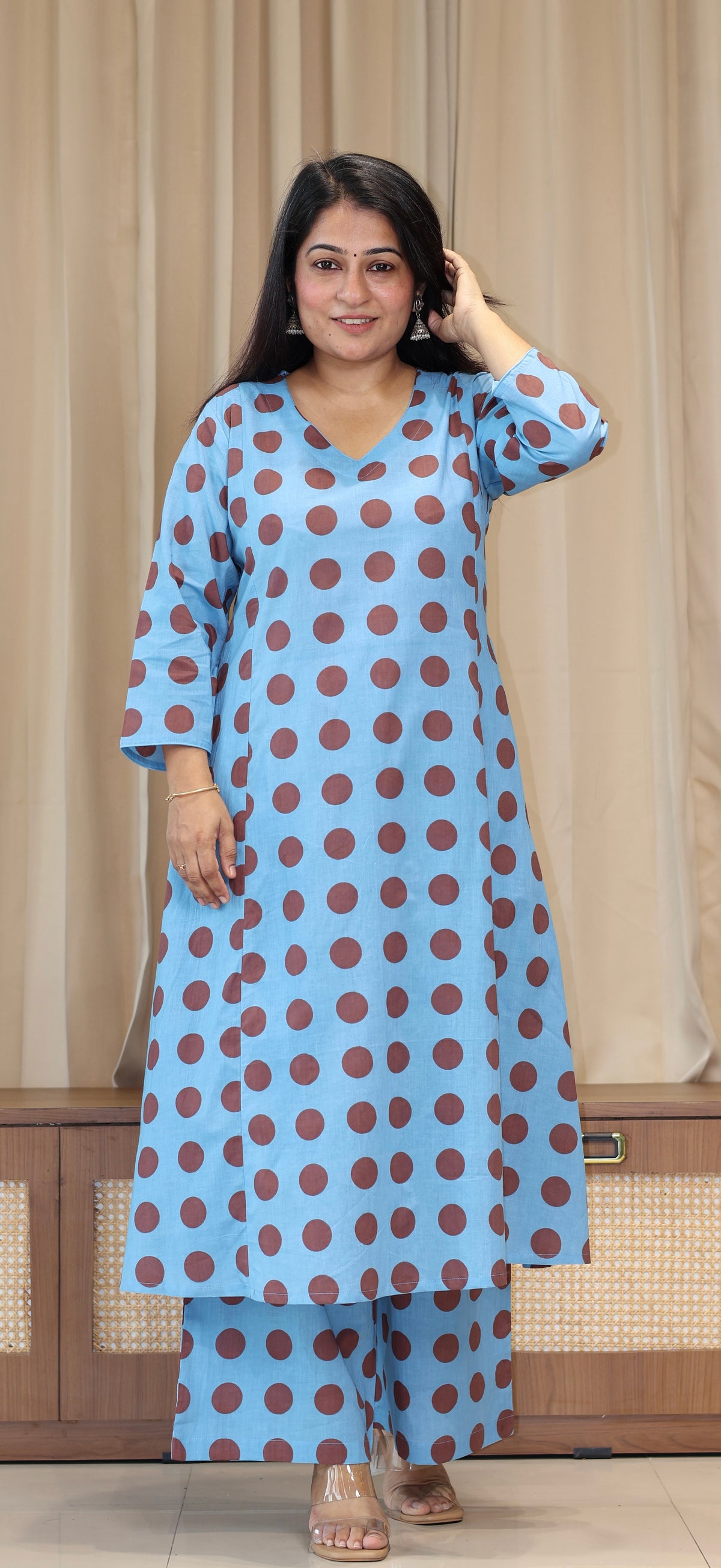 Blue/Brown Polka Dots Cotton Kurta Set