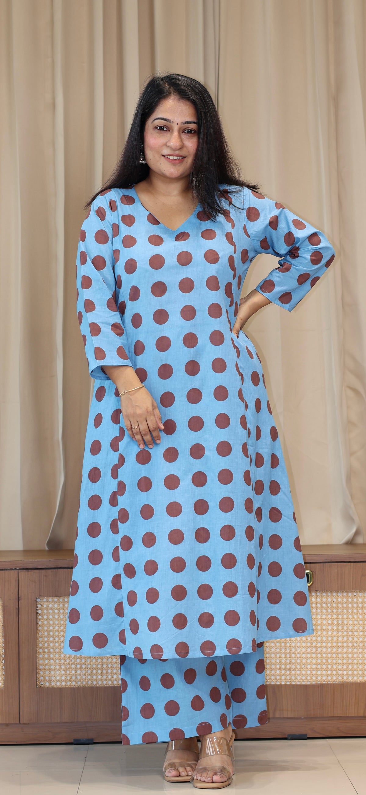 Blue/Brown Polka Dots Cotton Kurta Set