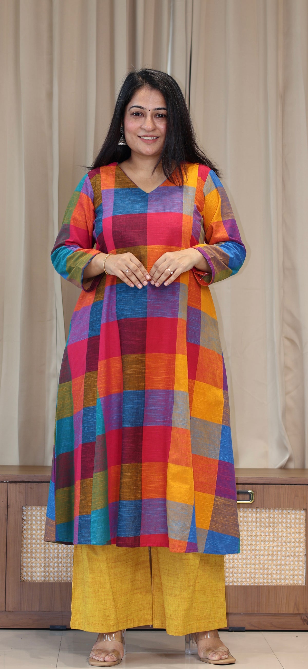 Drishti Madras Checks Handwoven Cotton Kurta - Multicolour/Yellow