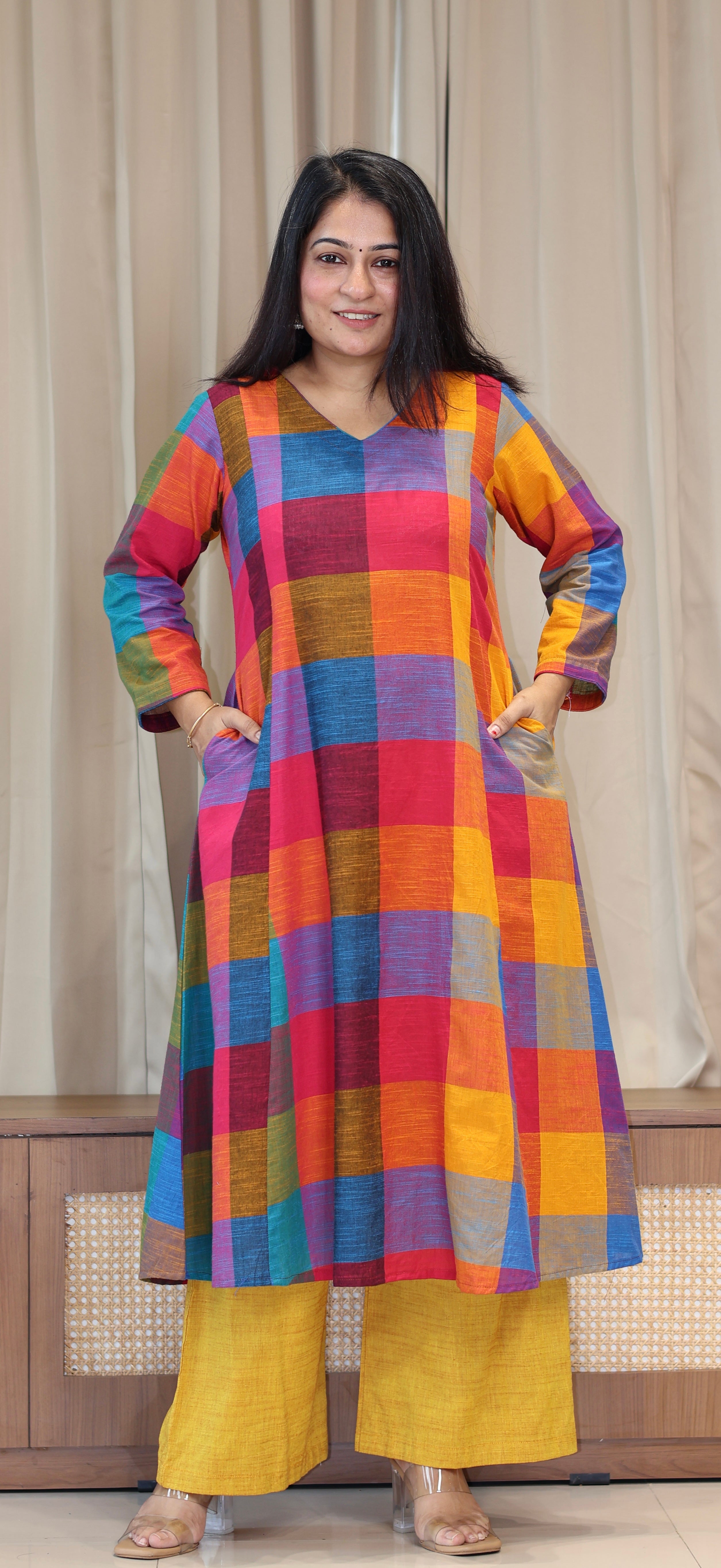 Drishti Madras Checks Handwoven Cotton Kurta - Multicolour/Yellow
