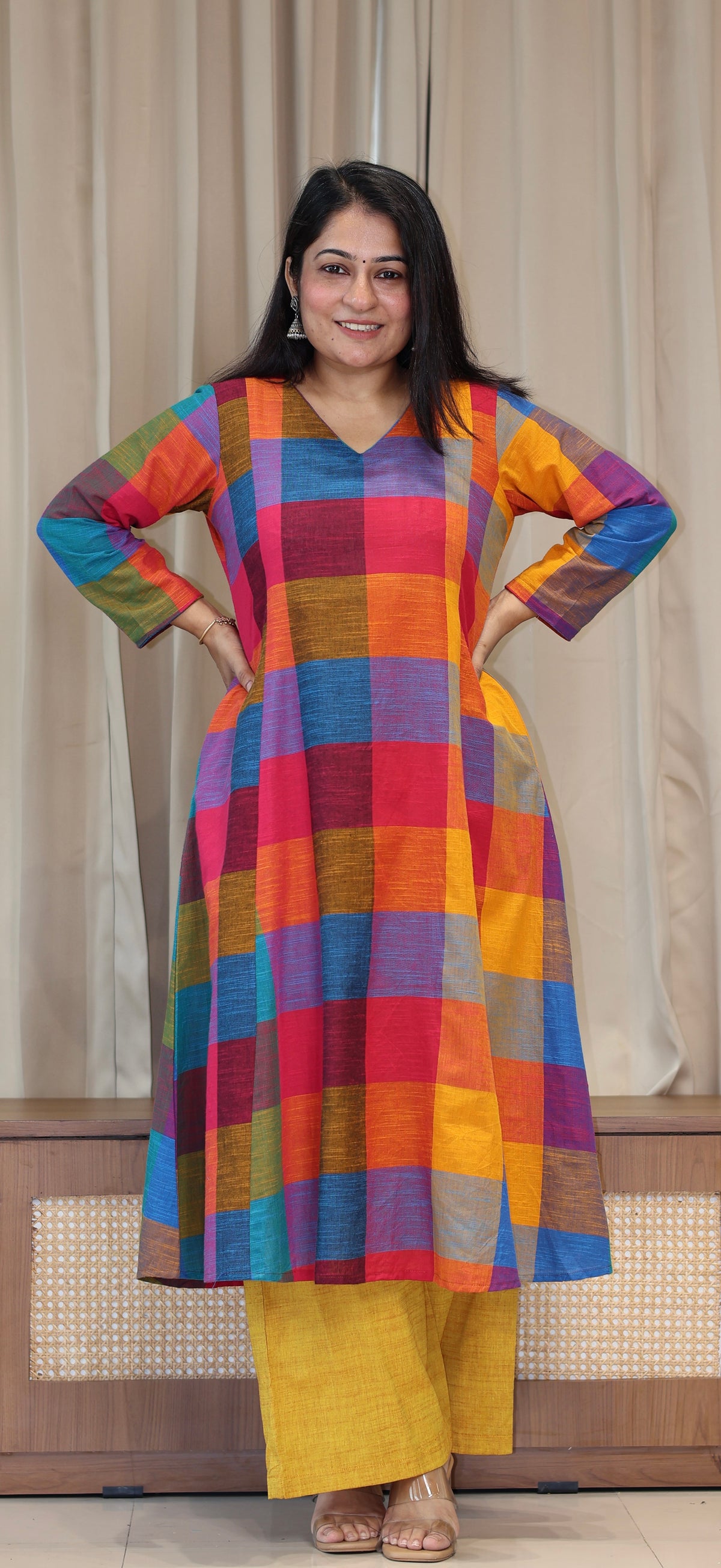 Drishti Madras Checks Handwoven Cotton Kurta - Multicolour/Yellow