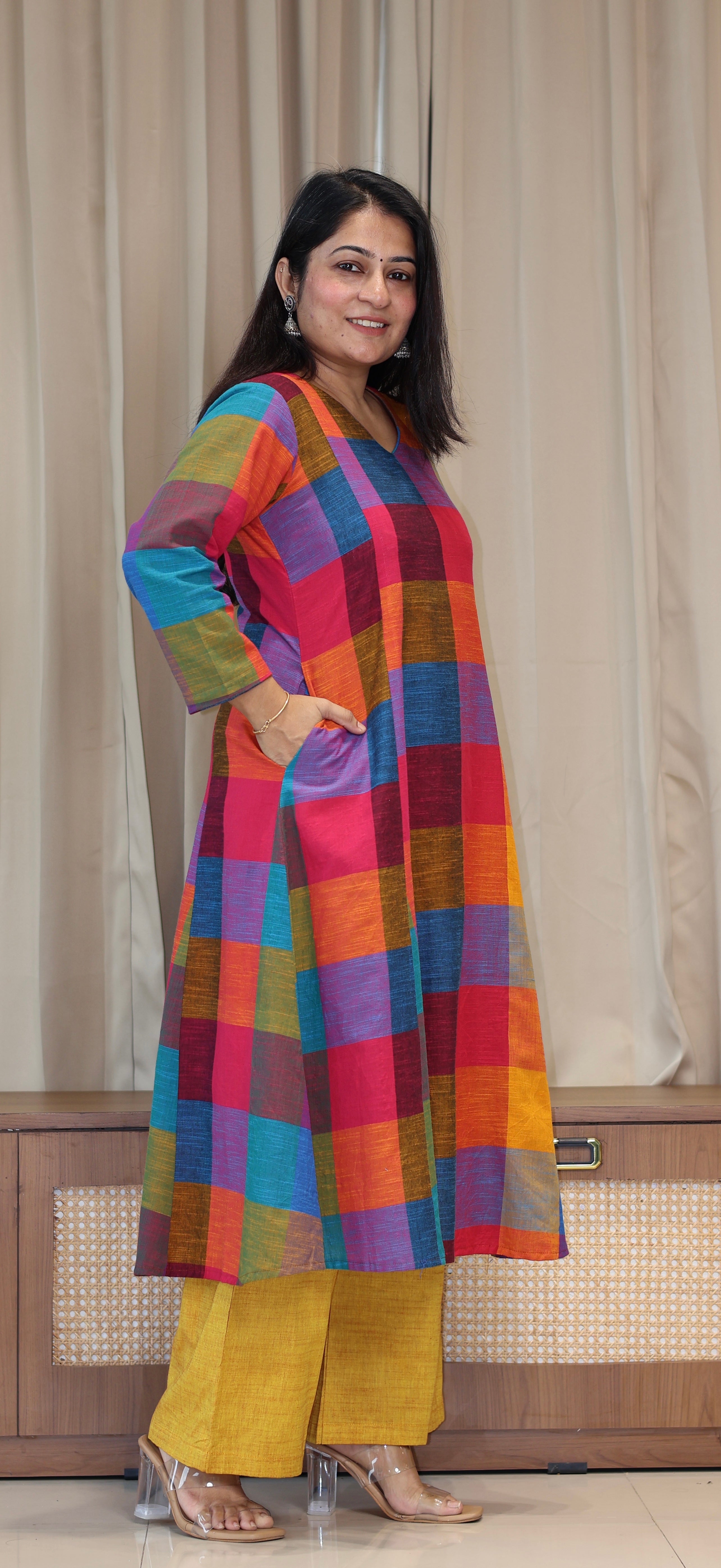 Drishti Madras Checks Handwoven Cotton Kurta - Multicolour/Yellow