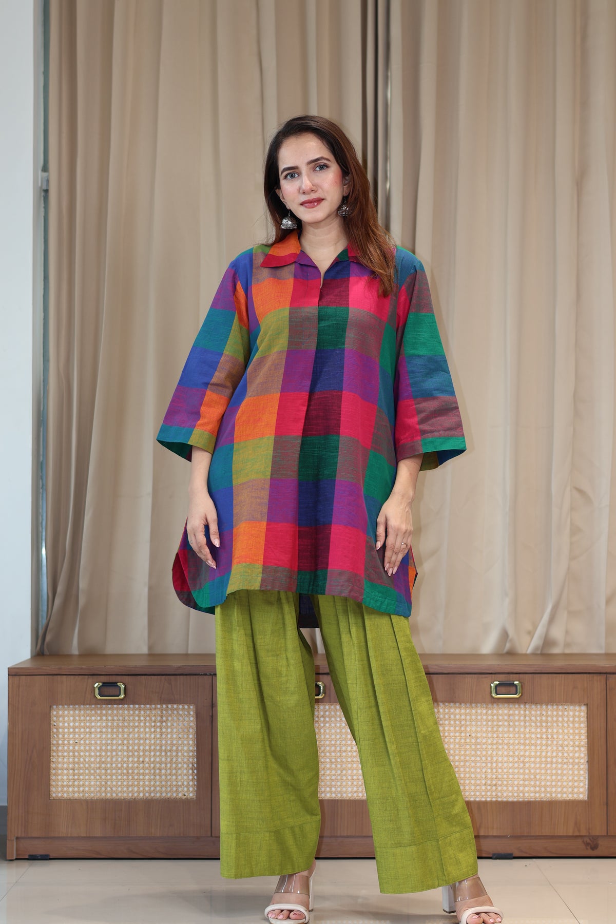 Reva Madras Checks Handwoven Cotton Kurta/Farsi Salwar Set - Multicolour/Green