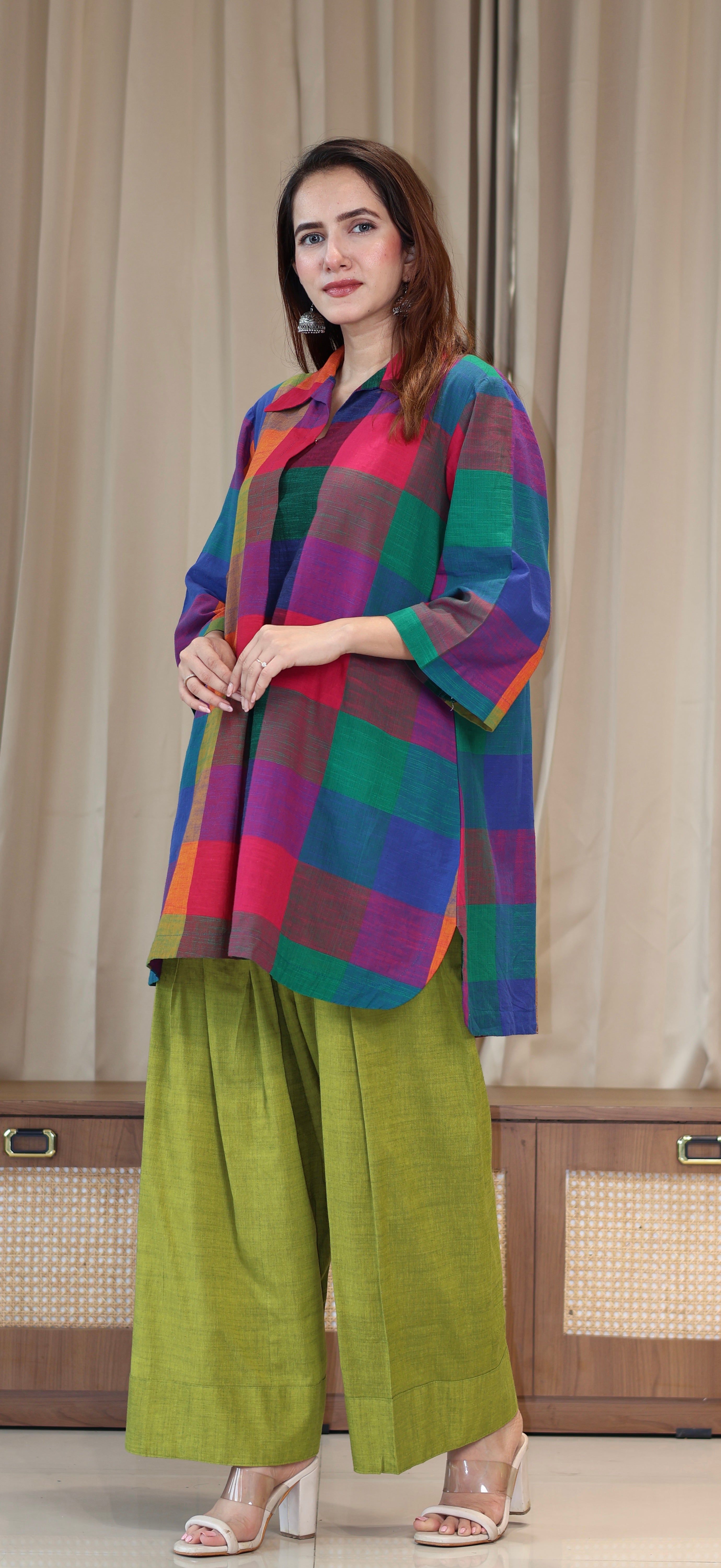 Reva Madras Checks Handwoven Cotton Kurta/Farsi Salwar Set - Multicolour/Green