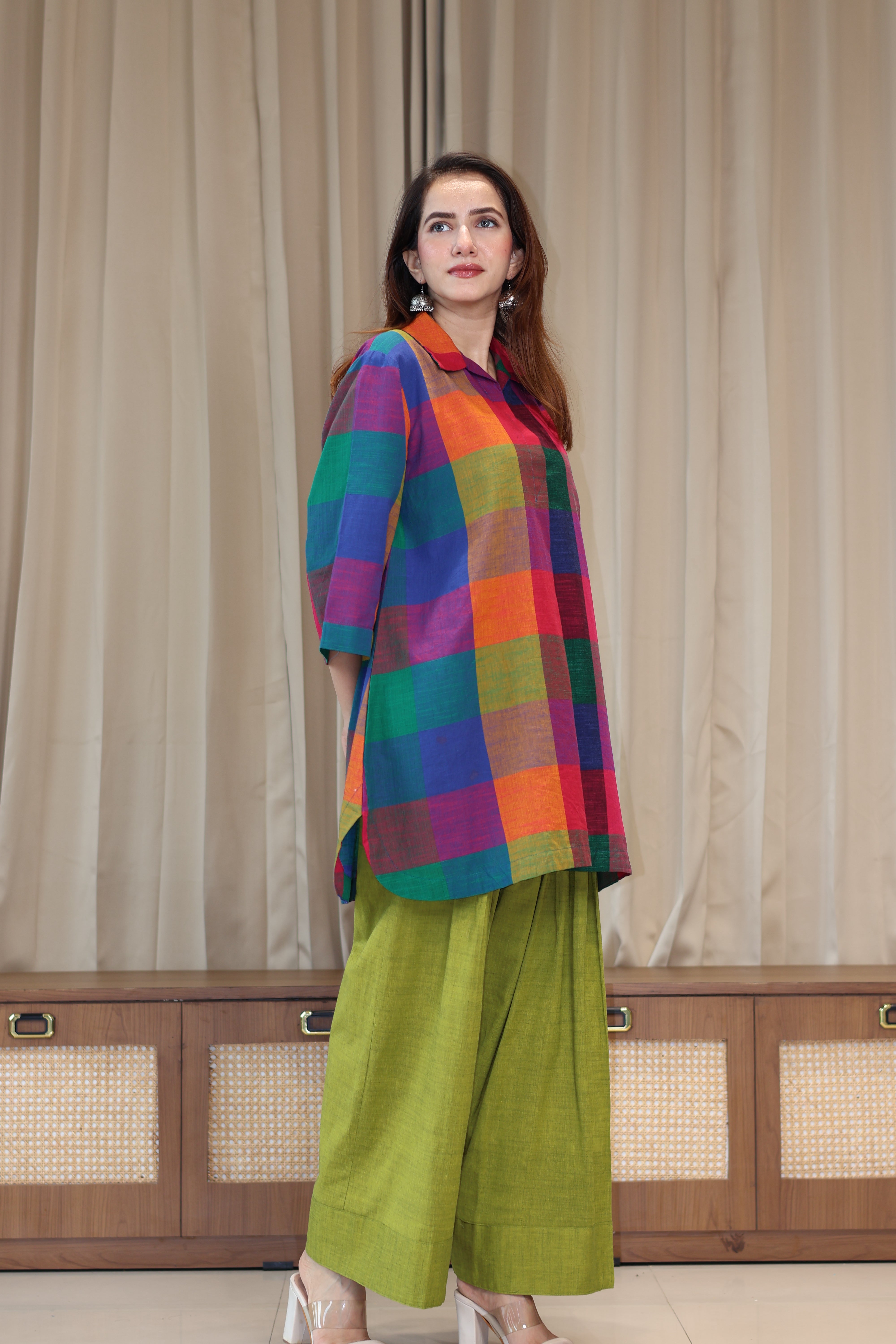Reva Madras Checks Handwoven Cotton Kurta/Farsi Salwar Set - Multicolour/Green