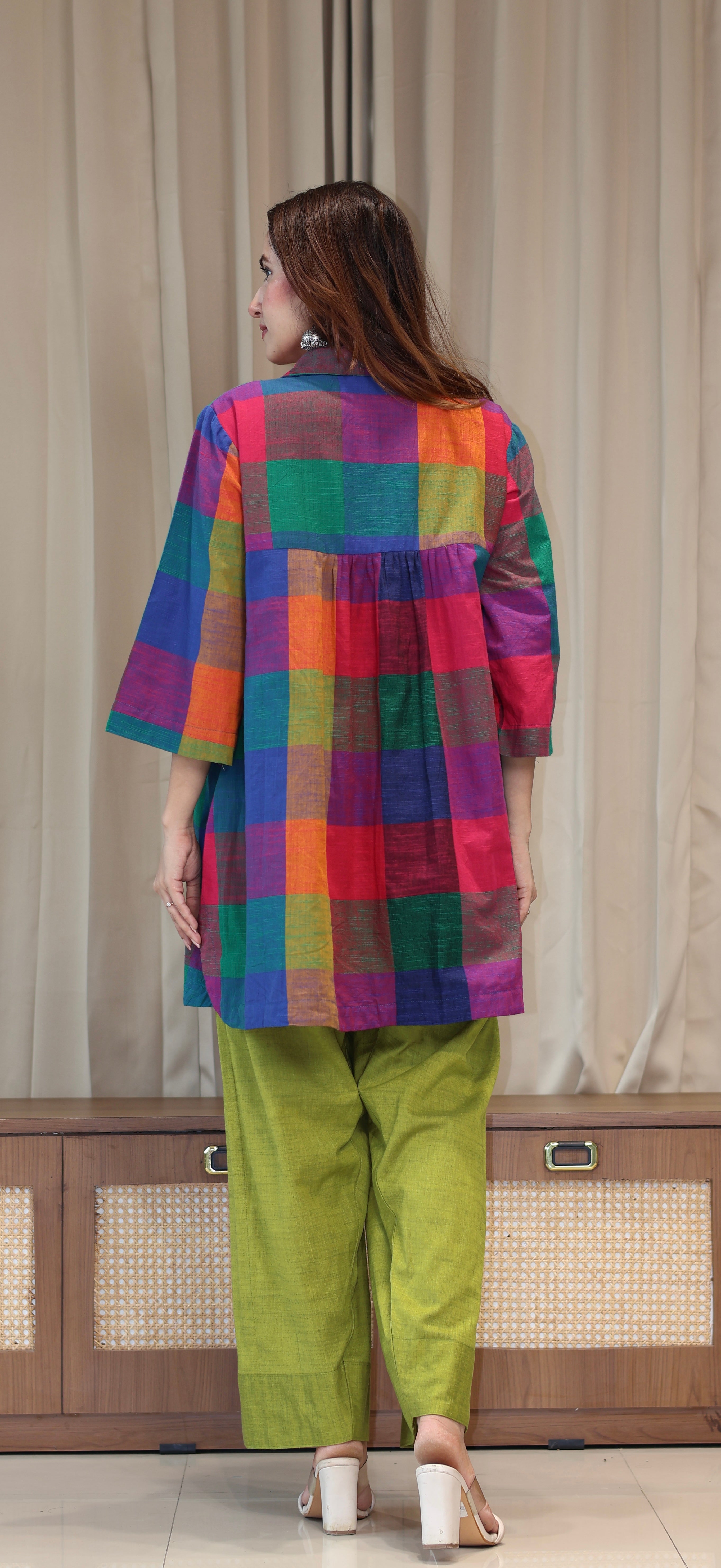 Reva Madras Checks Handwoven Cotton Kurta/Farsi Salwar Set - Multicolour/Green