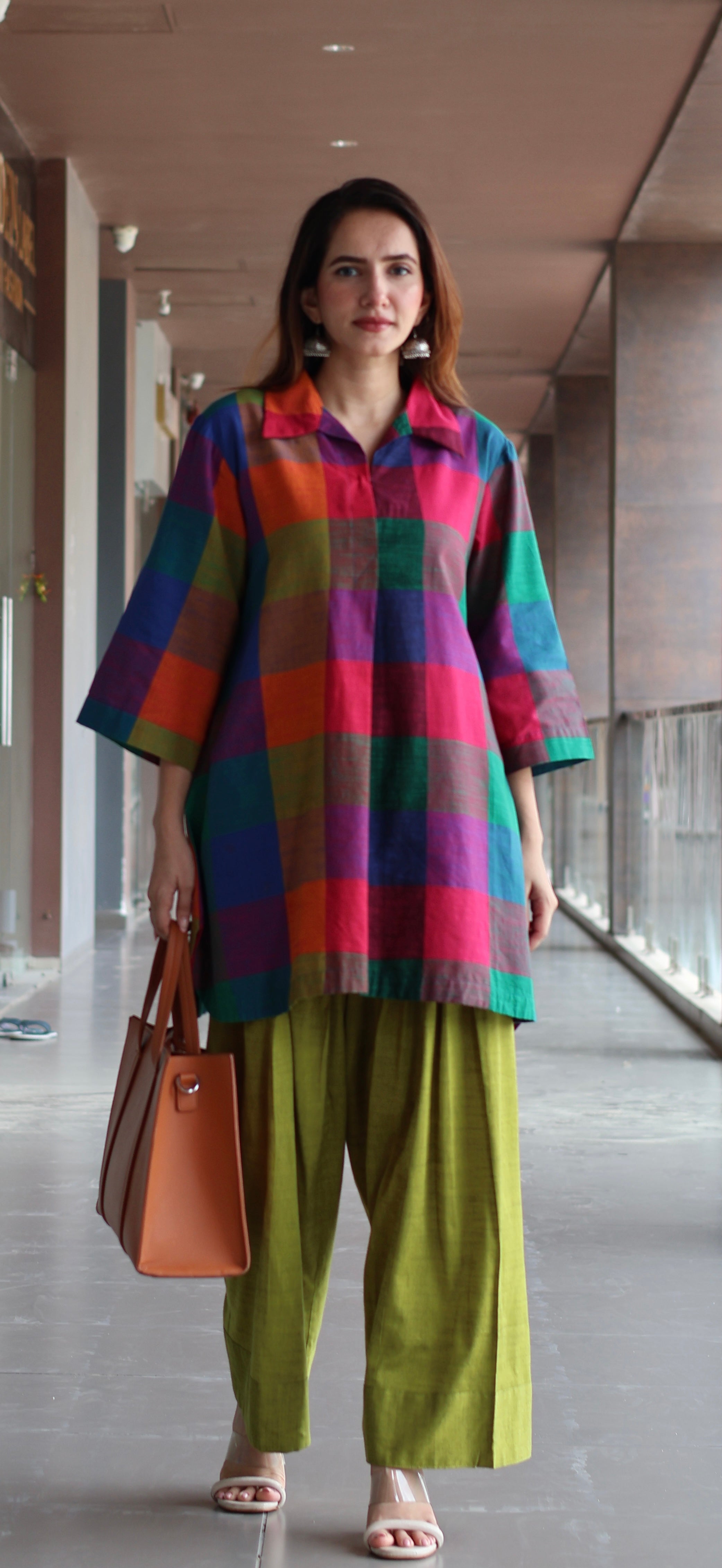 Reva Madras Checks Handwoven Cotton Kurta/Farsi Salwar Set - Multicolour/Green