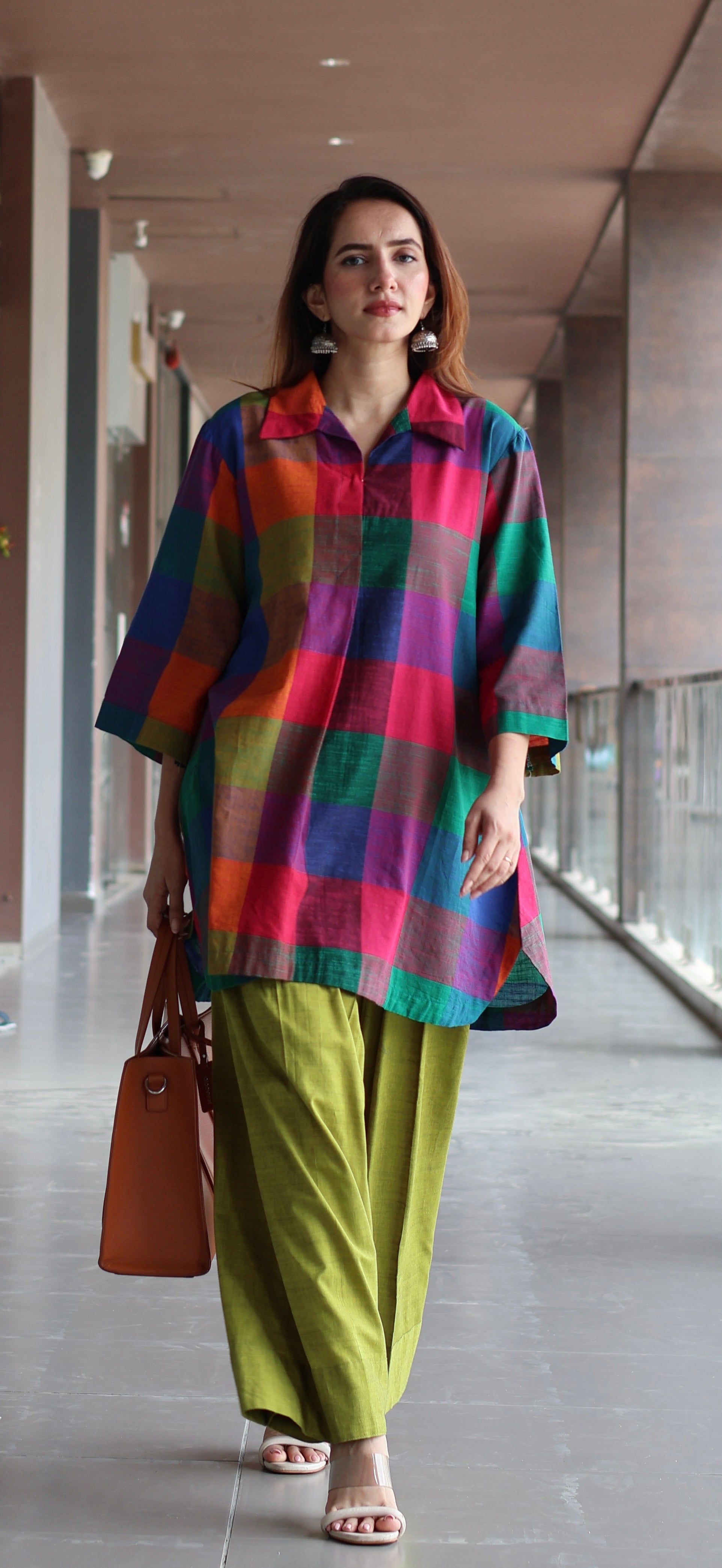 Reva Madras Checks Handwoven Cotton Kurta/Farsi Salwar Set - Multicolour/Green