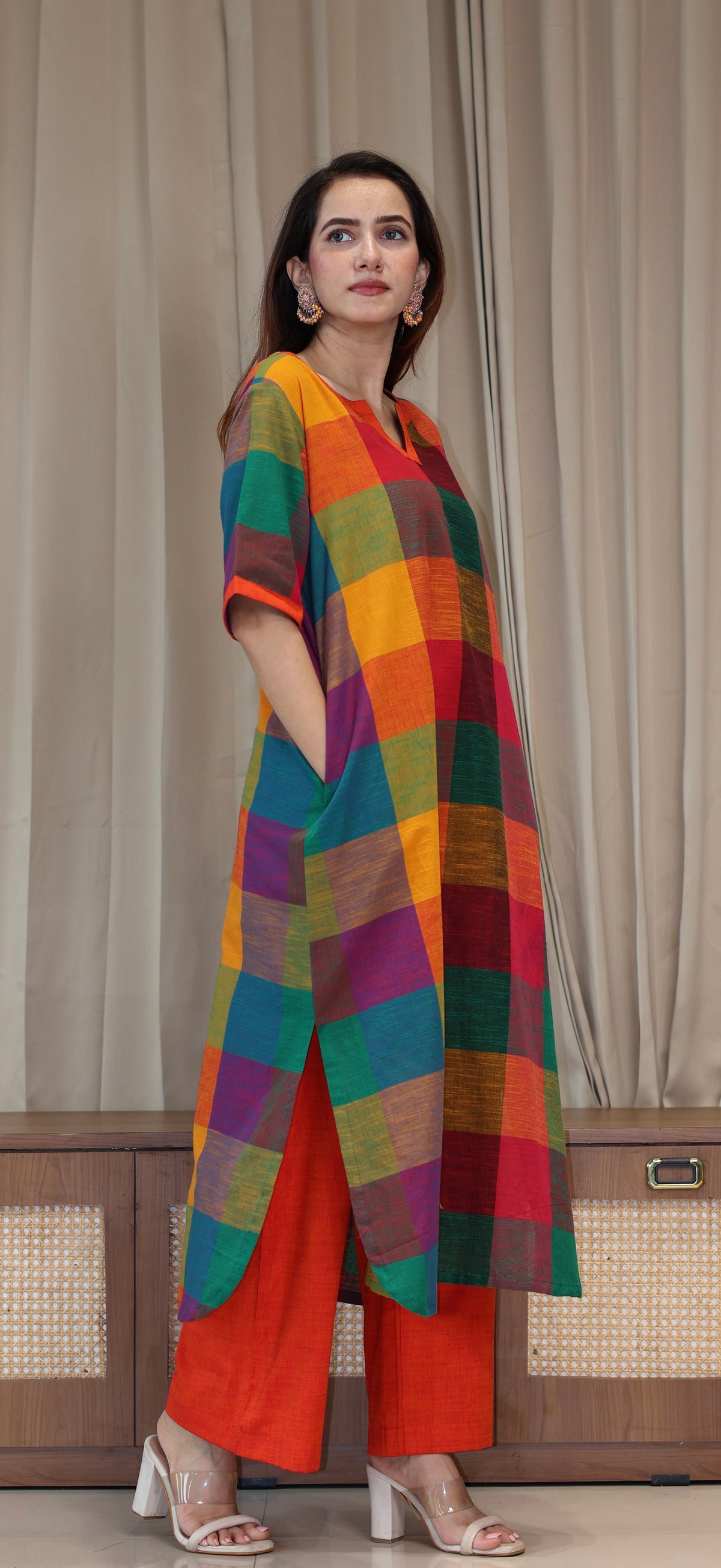 Manya Madras Checks Handwoven Cotton Kurta - Multicolour/Orange