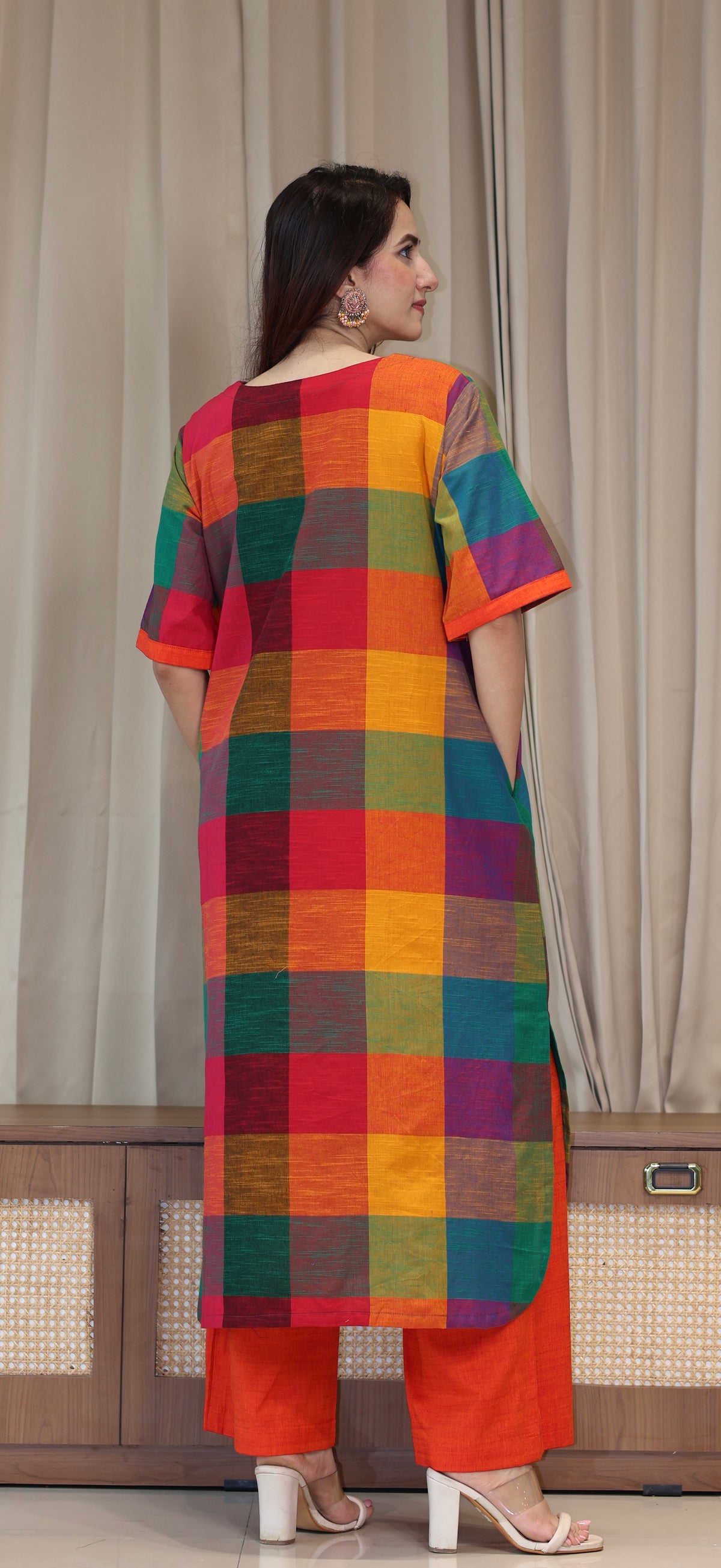Manya Madras Checks Handwoven Cotton Kurta - Multicolour/Orange
