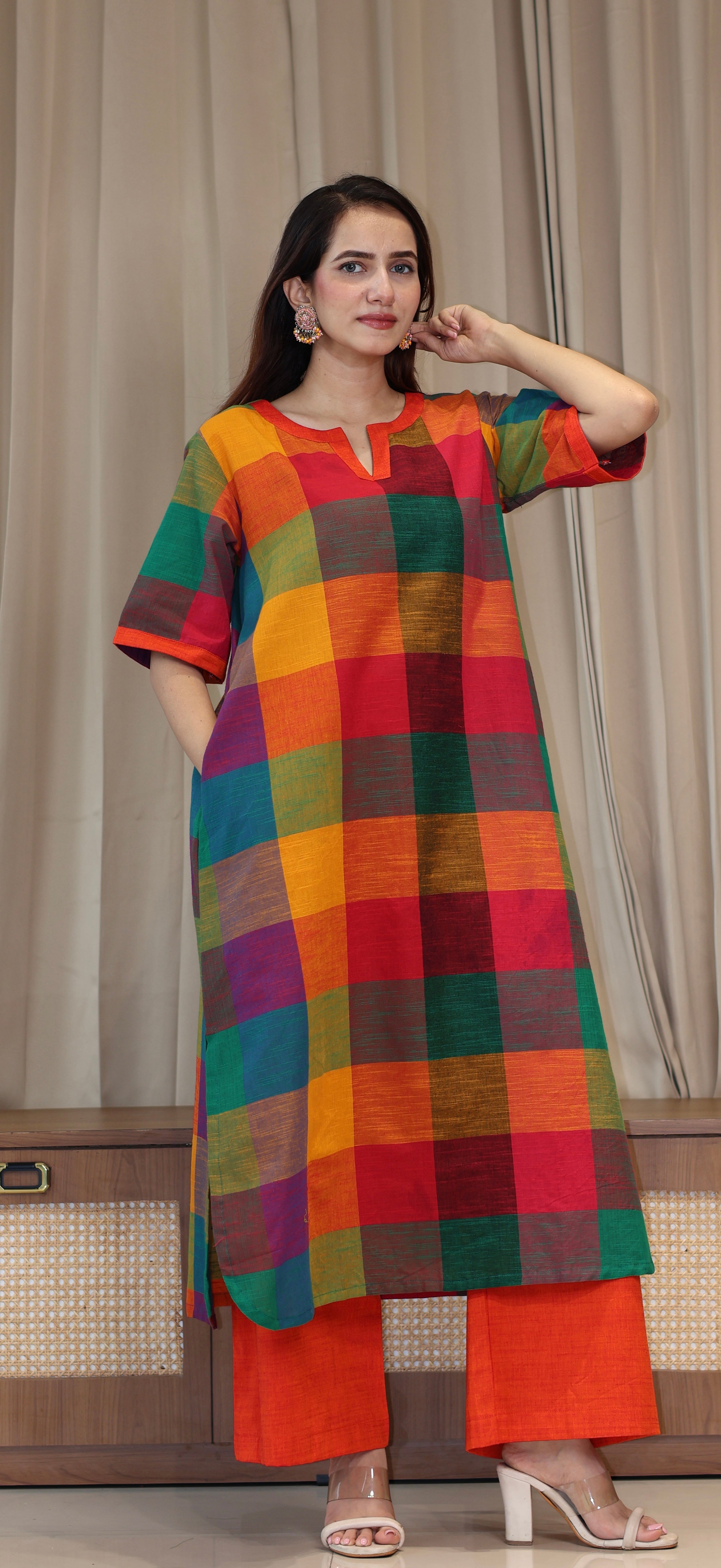 Manya Madras Checks Handwoven Cotton Kurta - Multicolour/Orange