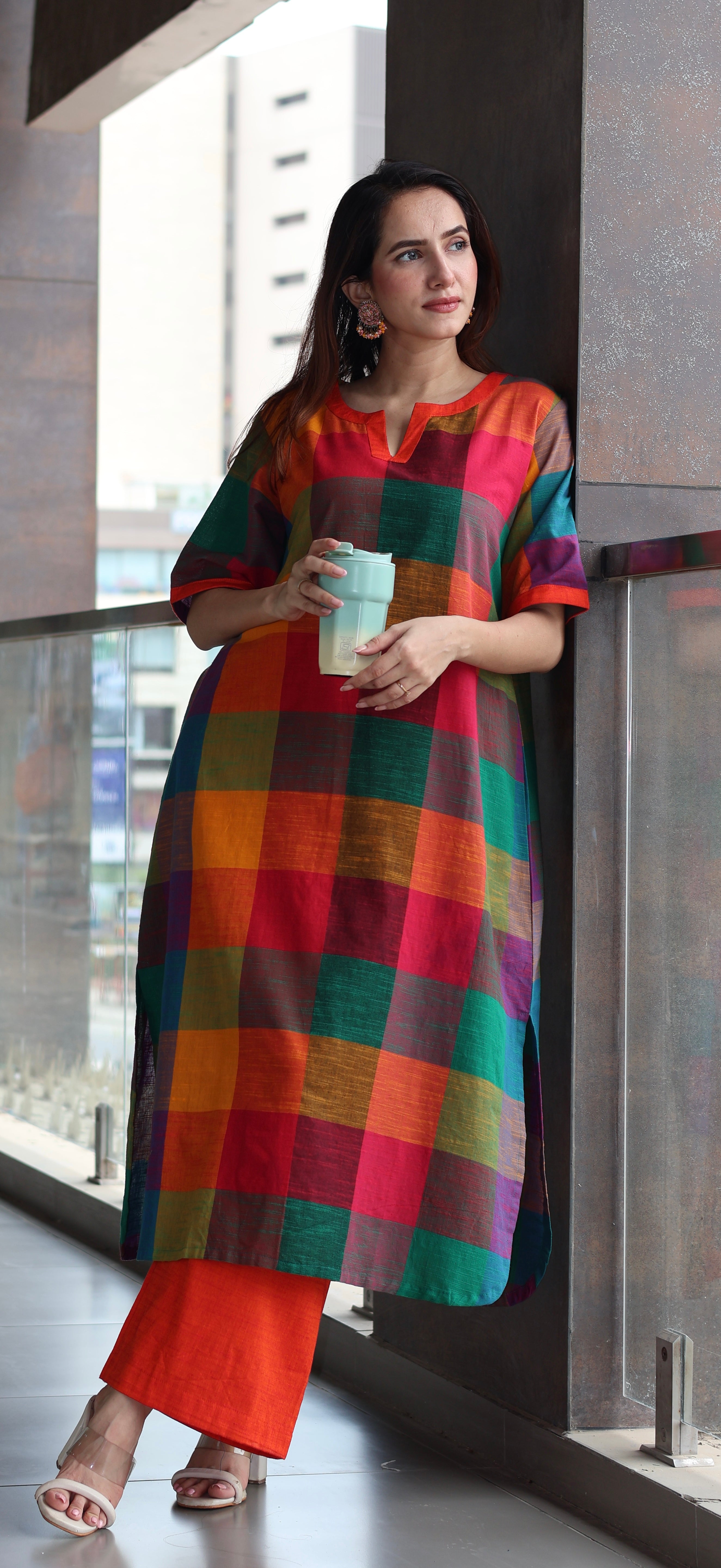 Manya Madras Checks Handwoven Cotton Kurta - Multicolour/Orange