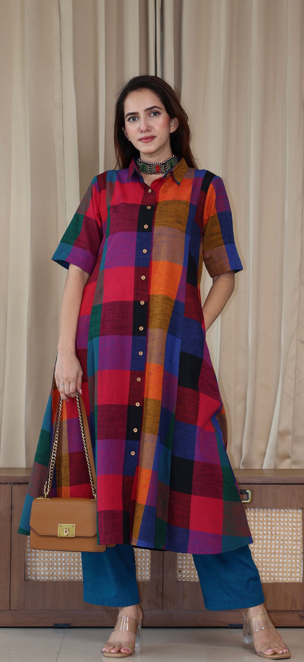 Medha Madras Checks Handwoven Cotton Kurta - Multicolour/Blue