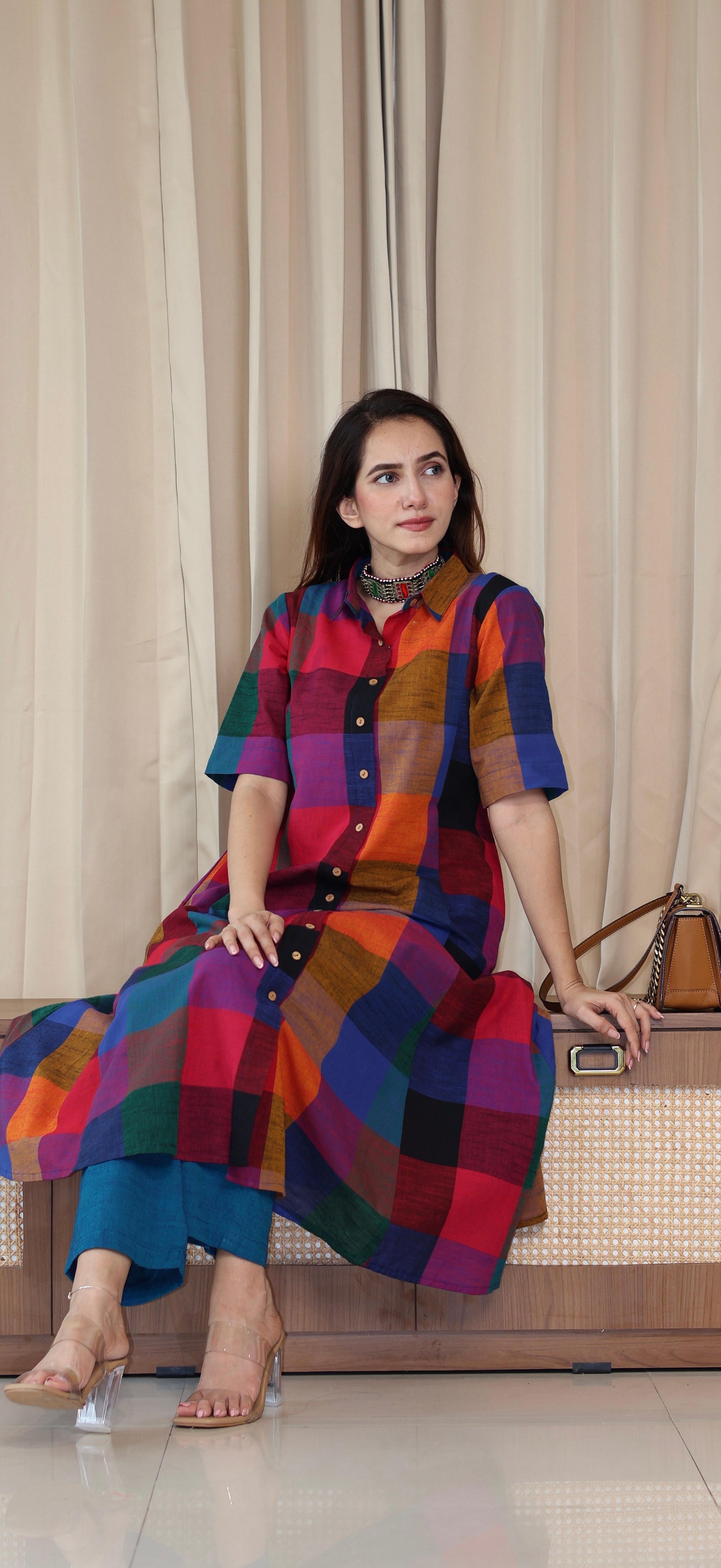 Medha Madras Checks Handwoven Cotton Kurta - Multicolour/Blue