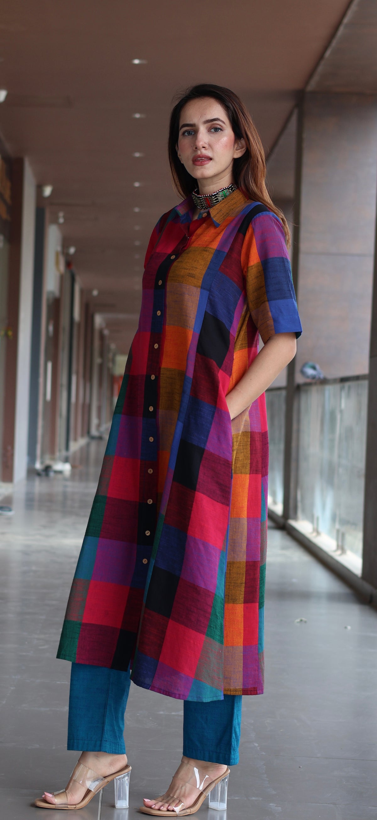Medha Madras Checks Handwoven Cotton Kurta - Multicolour/Blue