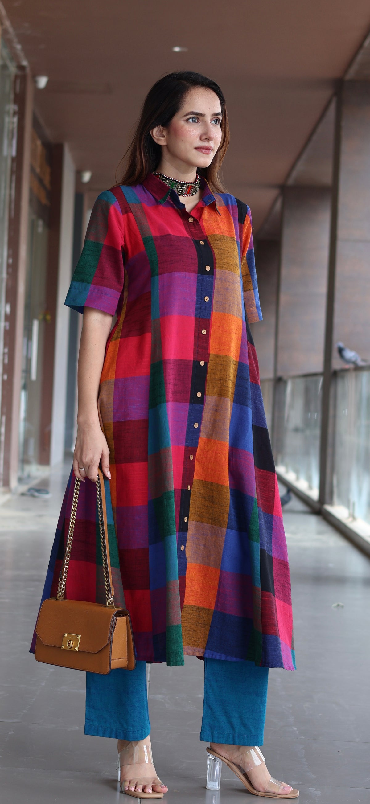 Medha Madras Checks Handwoven Cotton Kurta - Multicolour/Blue