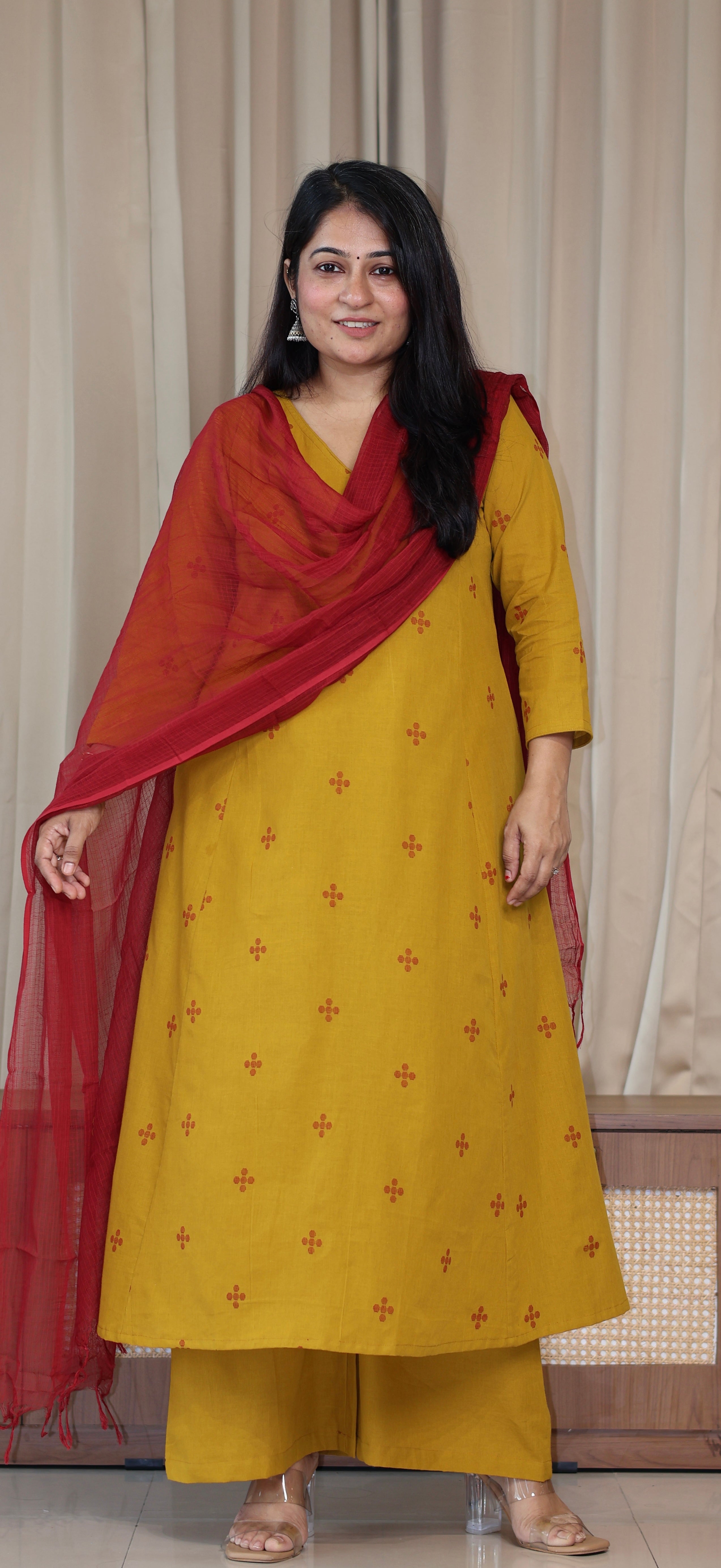 Elina Handwoven Cotton Kurta Set - Mustard Yellow