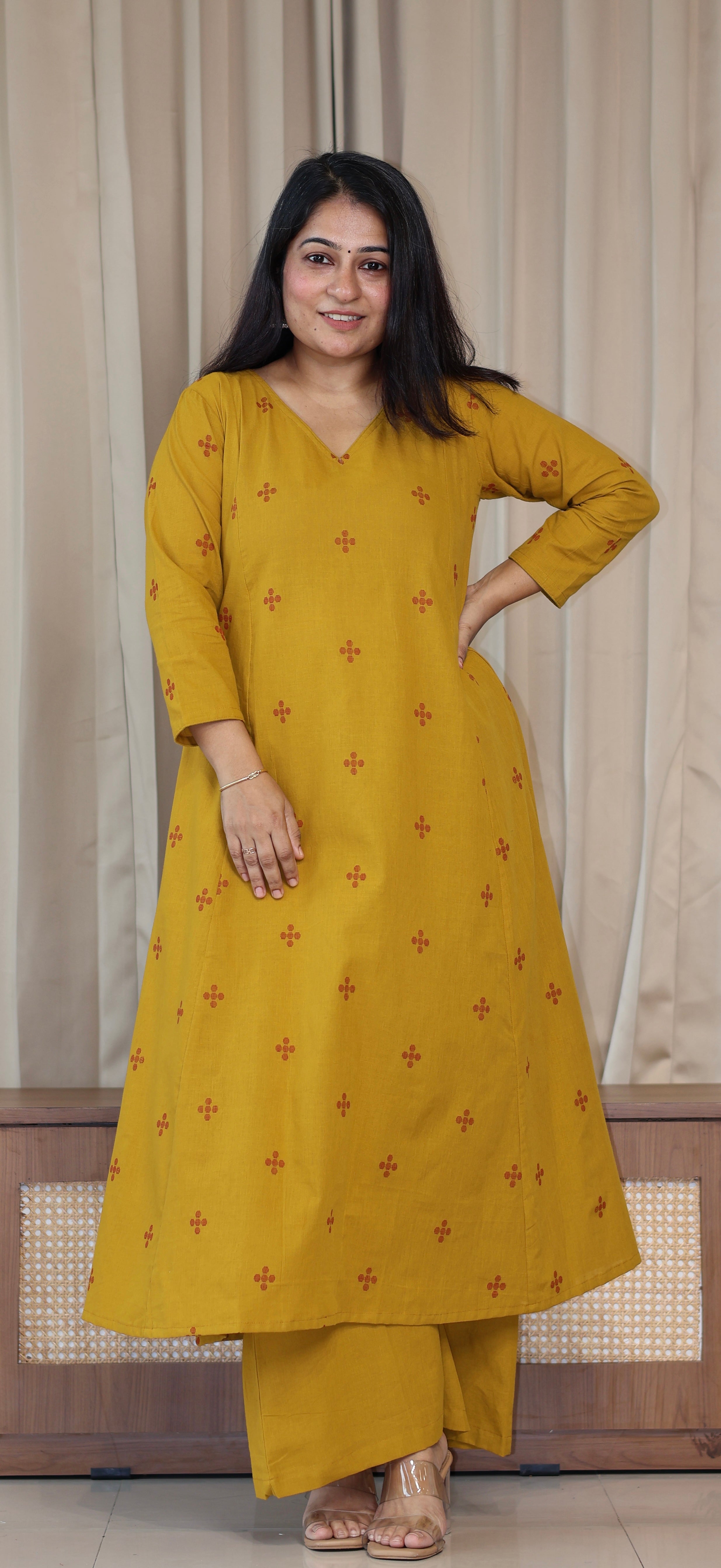 Elina Handwoven Cotton Kurta Set - Mustard Yellow