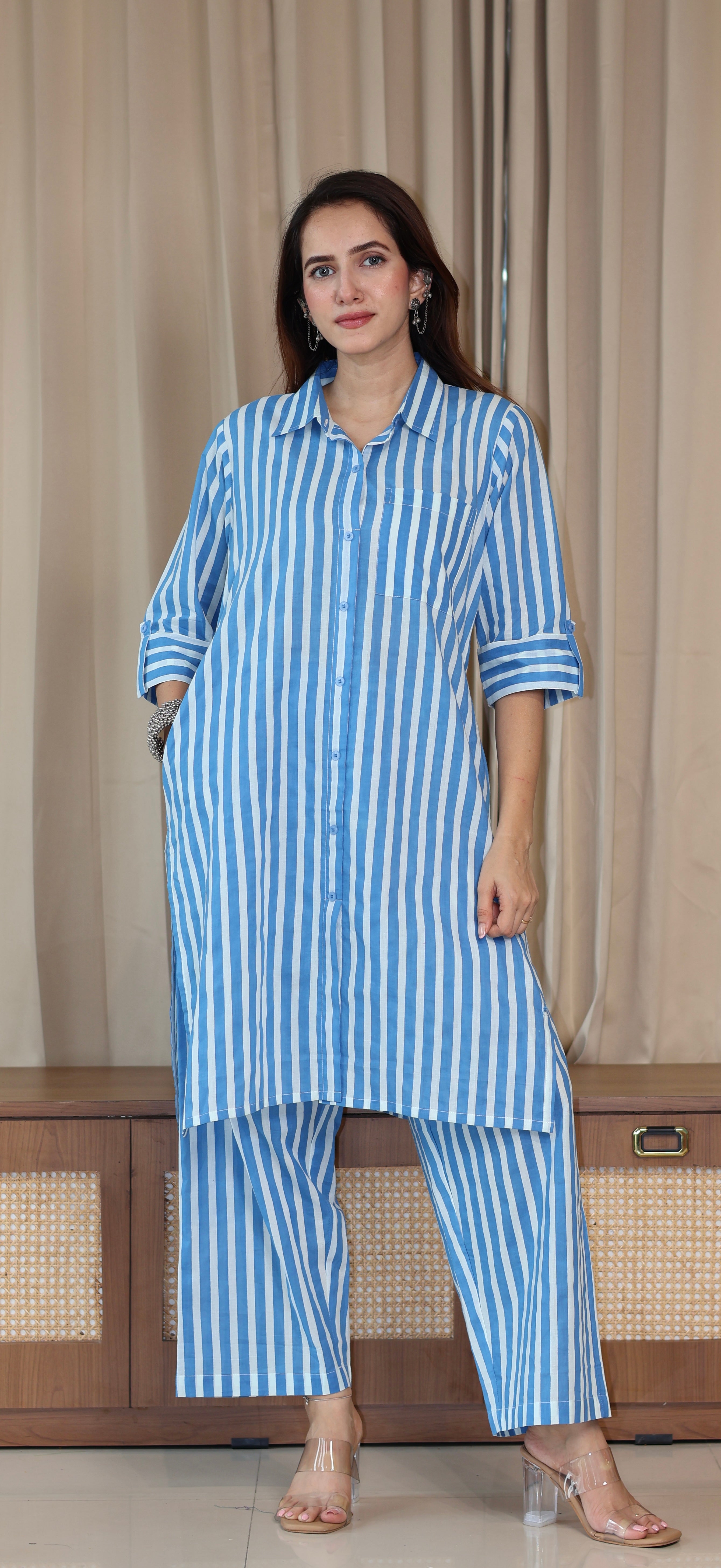 Blue/Ivory Stripes Cotton Co-ord Set