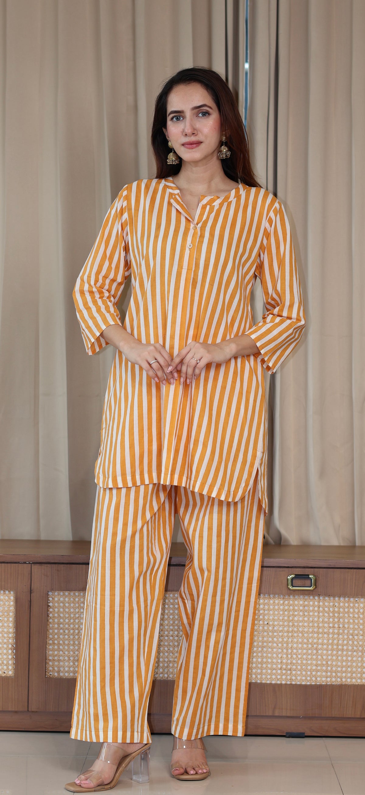 Mustard Yellow/Ivory Stripes Cotton Kurta Set