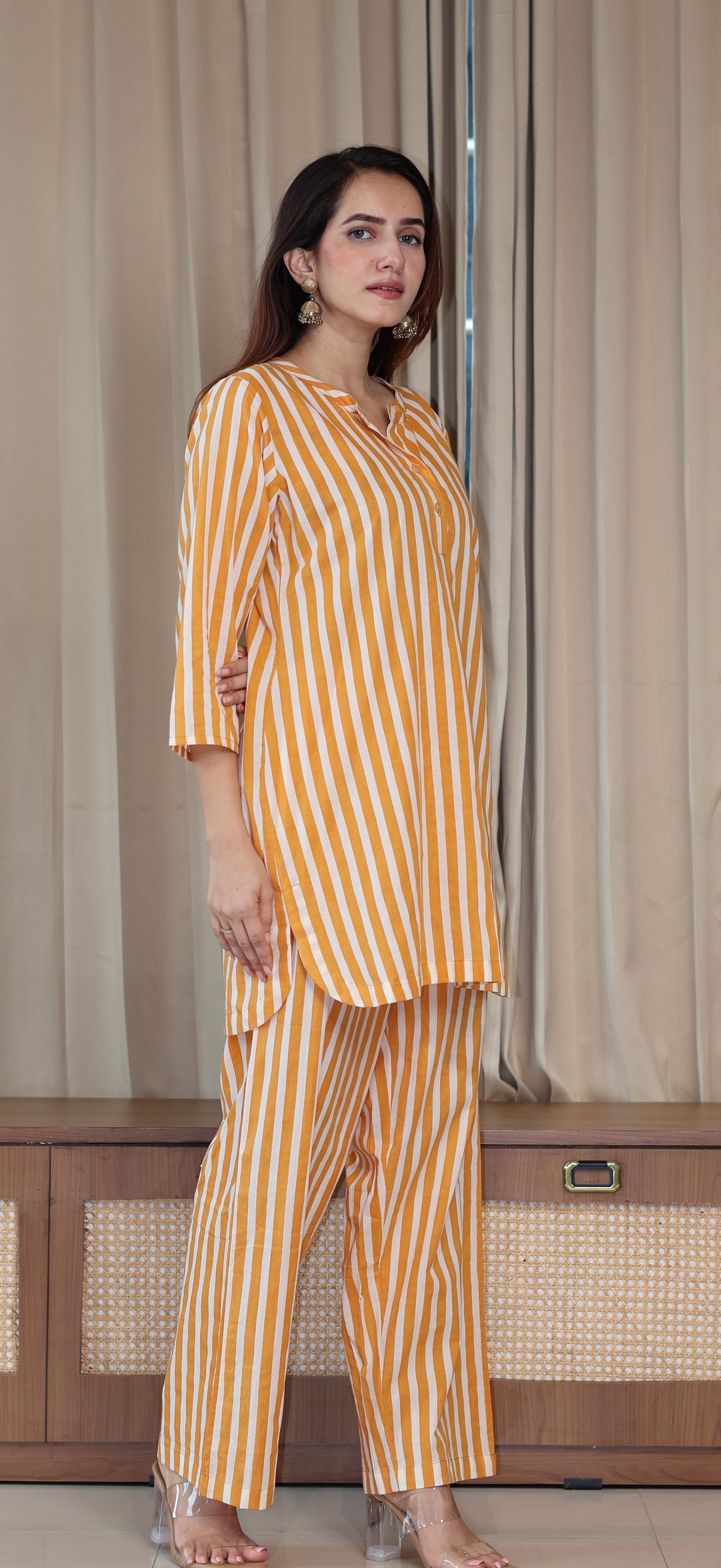 Mustard Yellow/Ivory Stripes Cotton Kurta Set