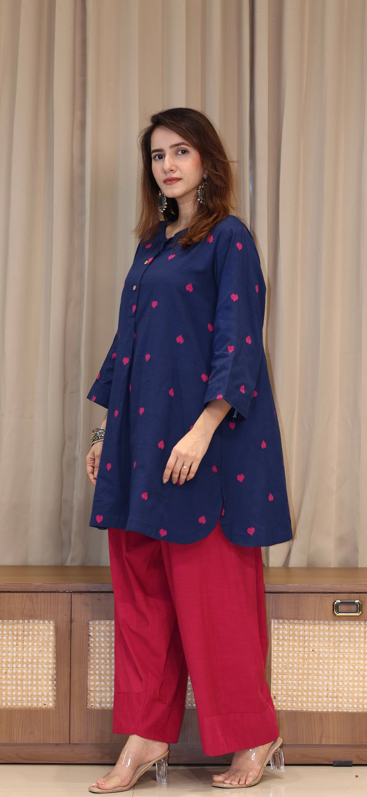 Rutvi Mercerised Cotton Handwoven Kurta Set - Blue Hearts