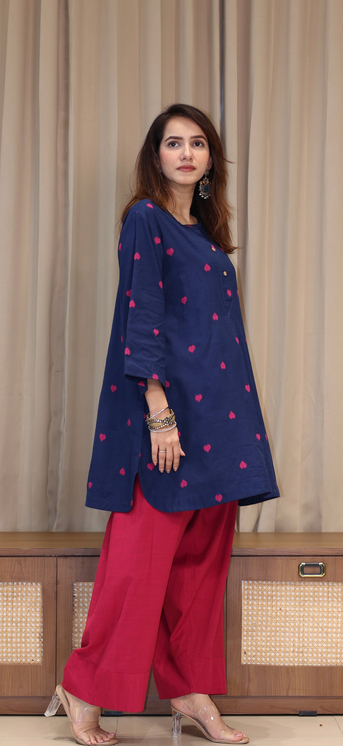 Rutvi Mercerised Cotton Handwoven Kurta Set - Blue Hearts