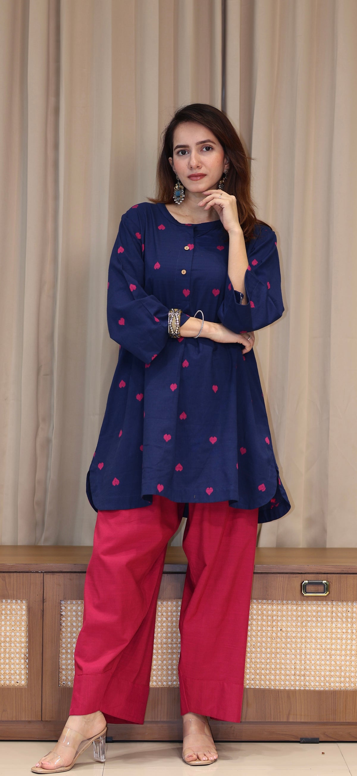 Rutvi Mercerised Cotton Handwoven Kurta Set - Blue Hearts