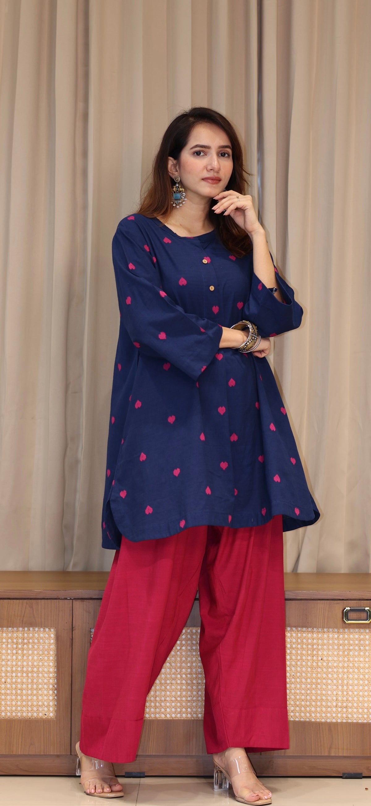 Rutvi Mercerised Cotton Handwoven Kurta Set - Blue Hearts