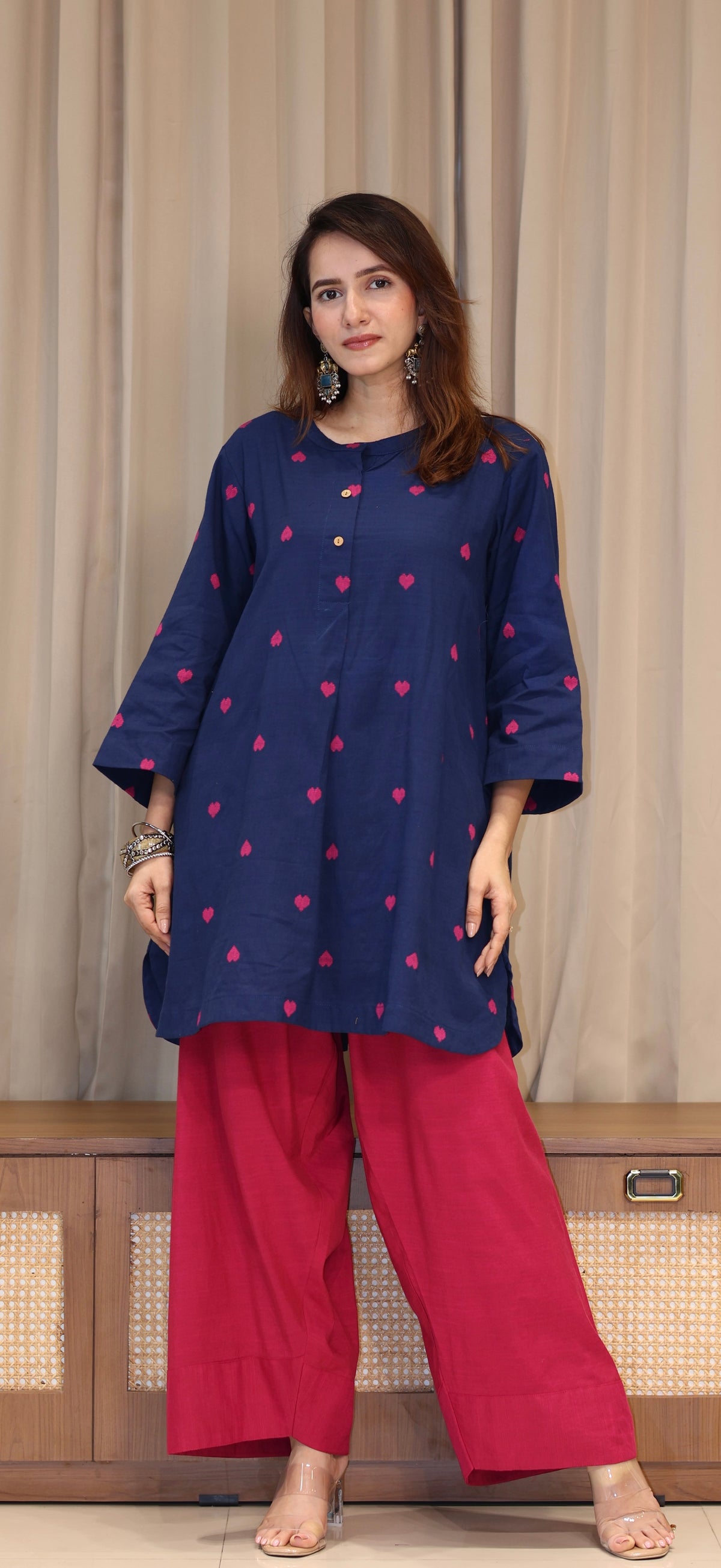 Rutvi Mercerised Cotton Handwoven Kurta Set - Blue Hearts